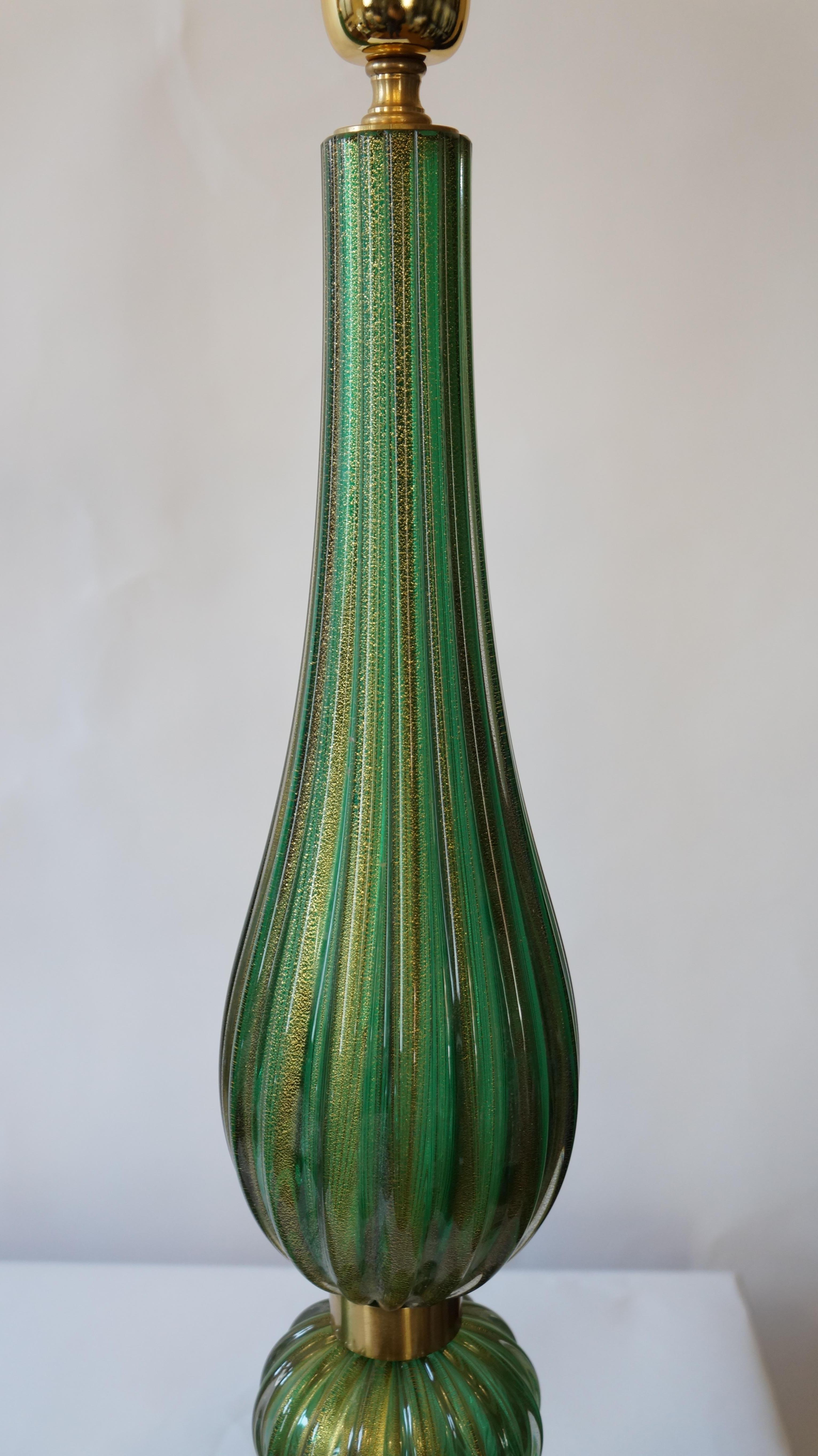 Art Glass Toso Murano Mid-Century Modern Green Two Murano Glass Table Lamps Italian, 1987 For Sale