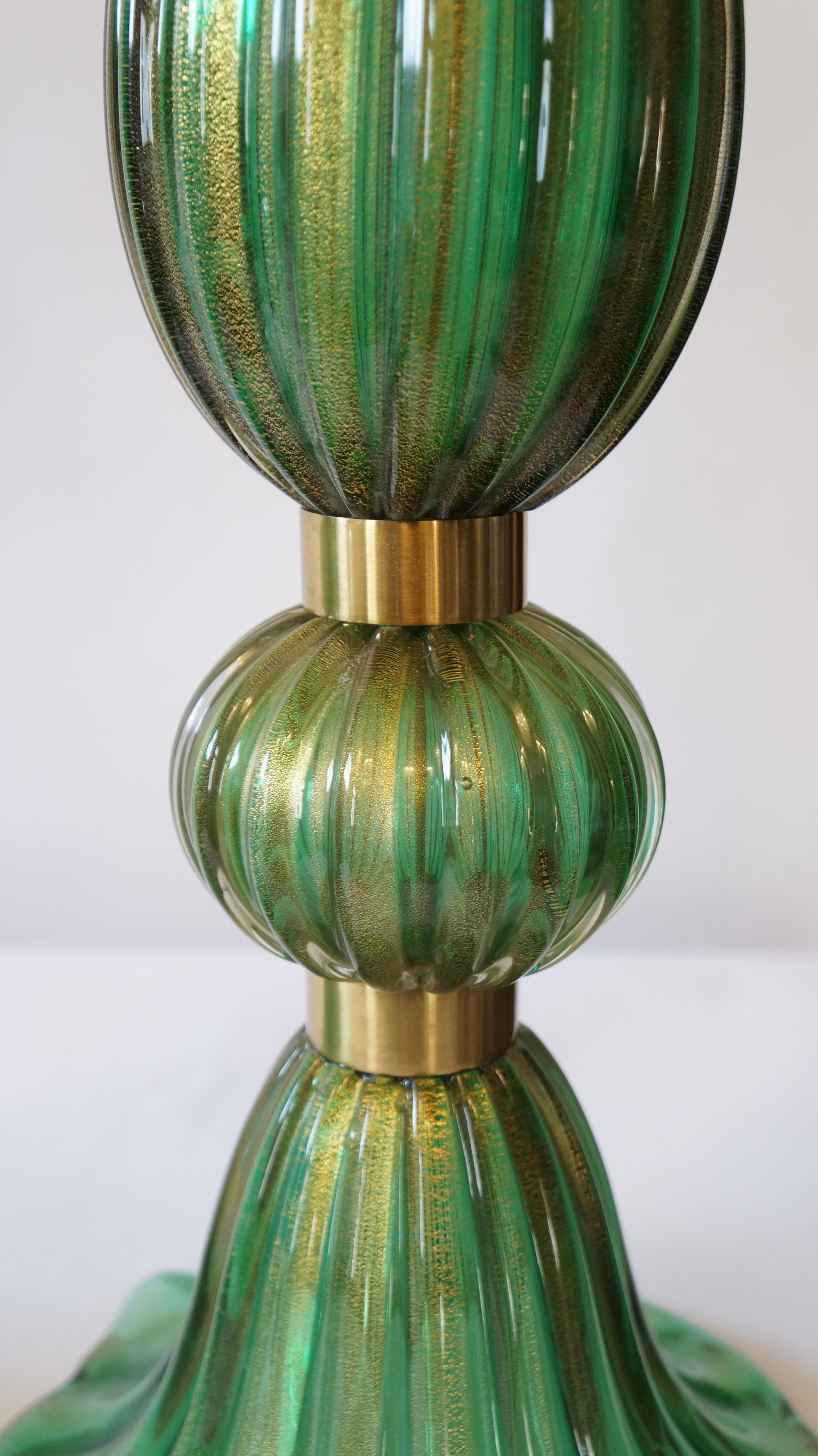 Toso Murano Mid-Century Modern Green Two Murano Glass Table Lamps Italian, 1987 For Sale 1