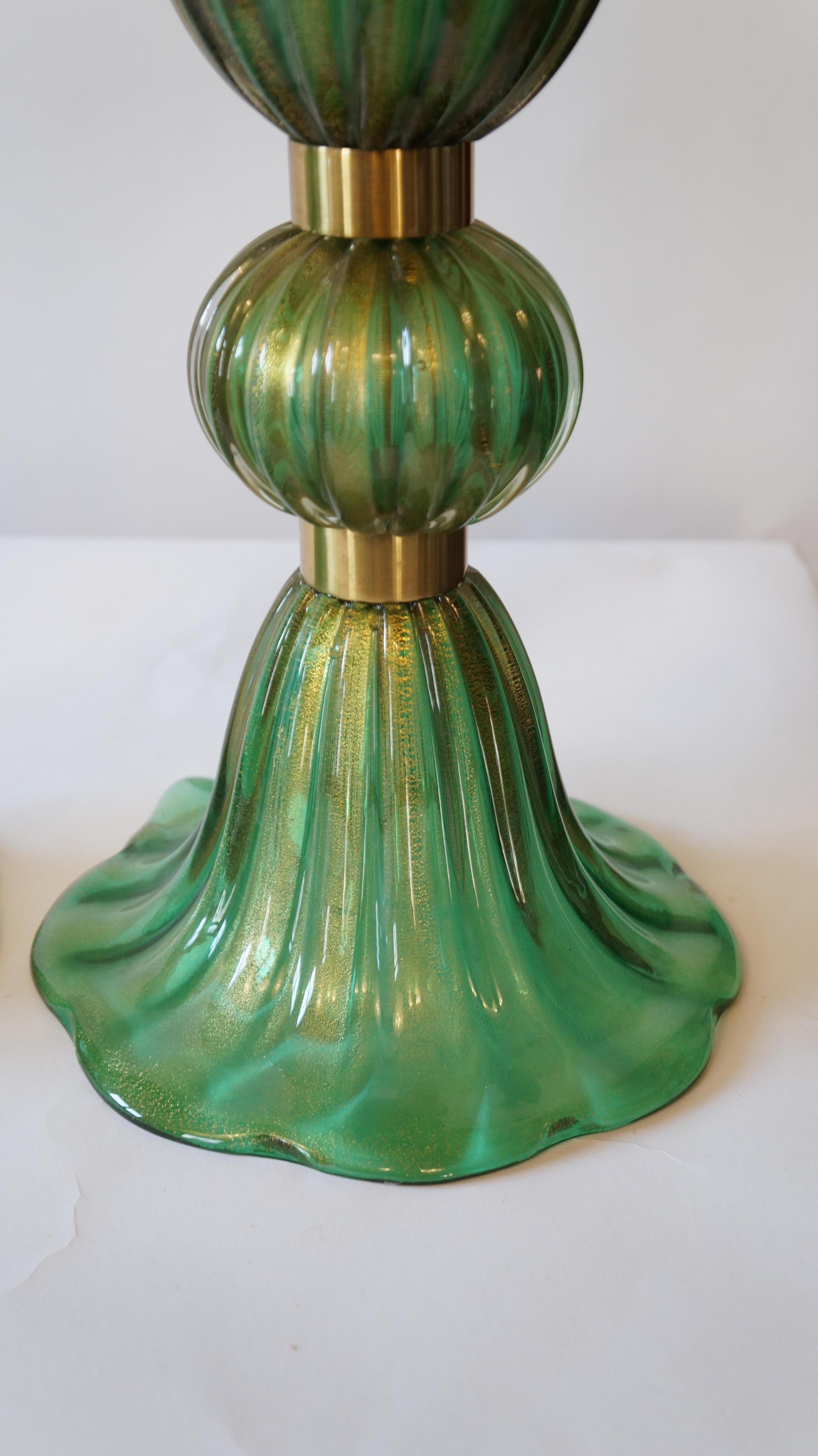 Toso Murano Mid-Century Modern Green Two Murano Glass Table Lamps Italian, 1987 For Sale 2