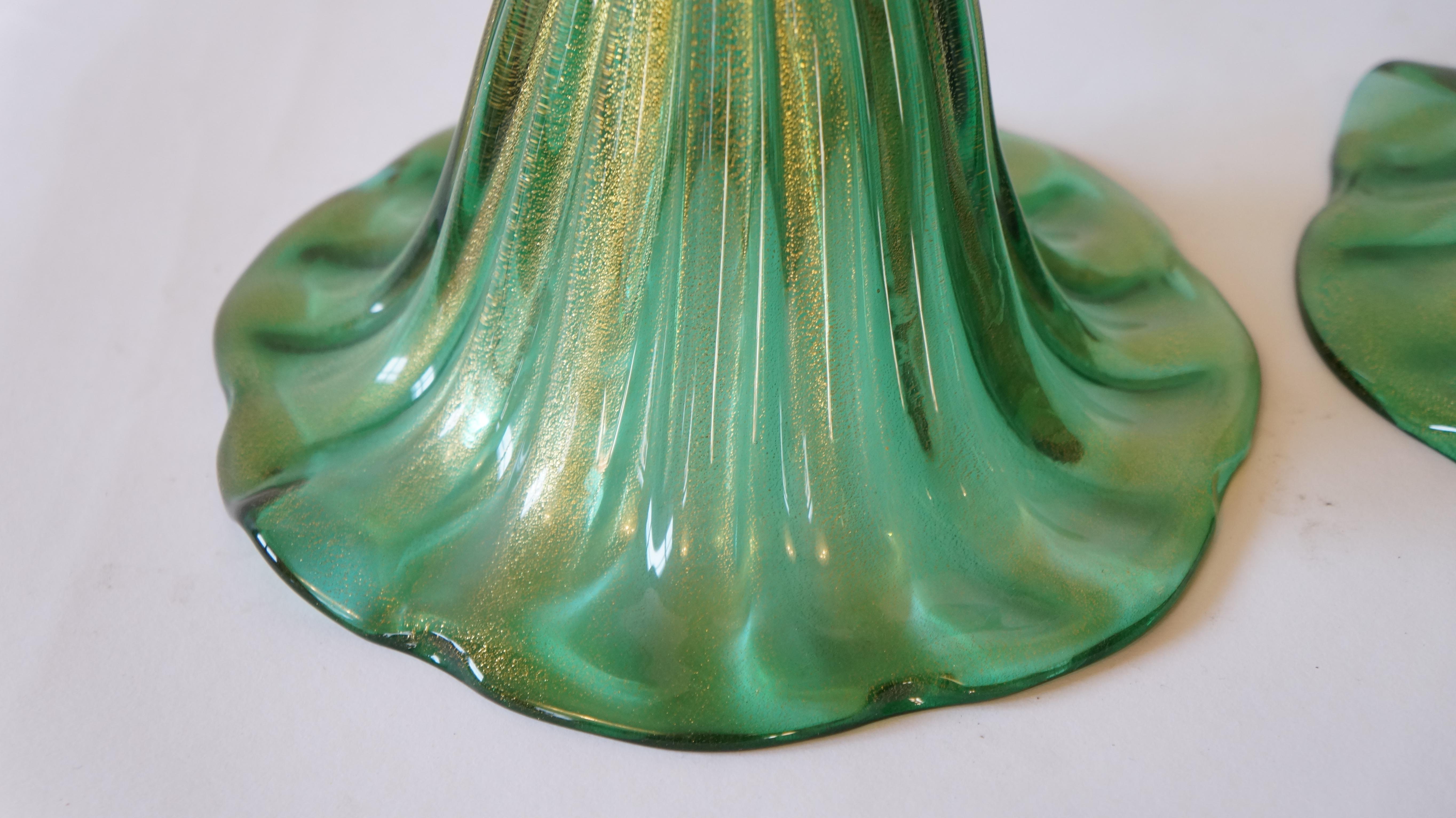 Toso Murano Mid-Century Modern Green Two Murano Glass Table Lamps Italian, 1987 For Sale 3