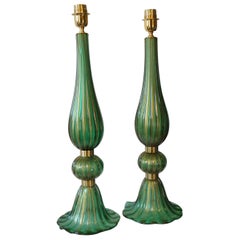 Toso Murano Mid-Century Modern Green Two Murano Glass Table Lamps Italian, 1987