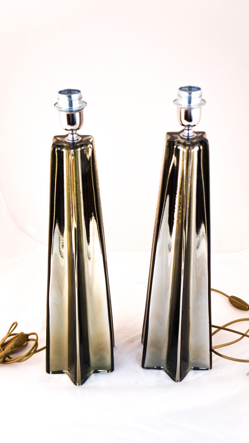 Toso Mid-Century Modern Grey Pair of Murano Glass Table Lamps, 1988 For Sale 5