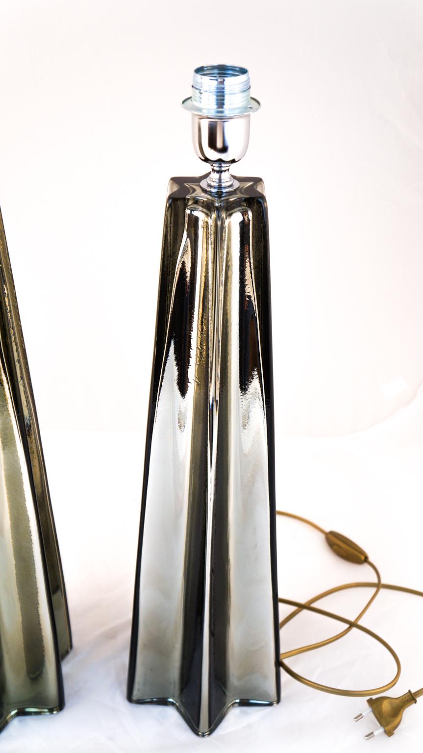 Hand-Crafted Toso Mid-Century Modern Grey Pair of Murano Glass Table Lamps, 1988 For Sale