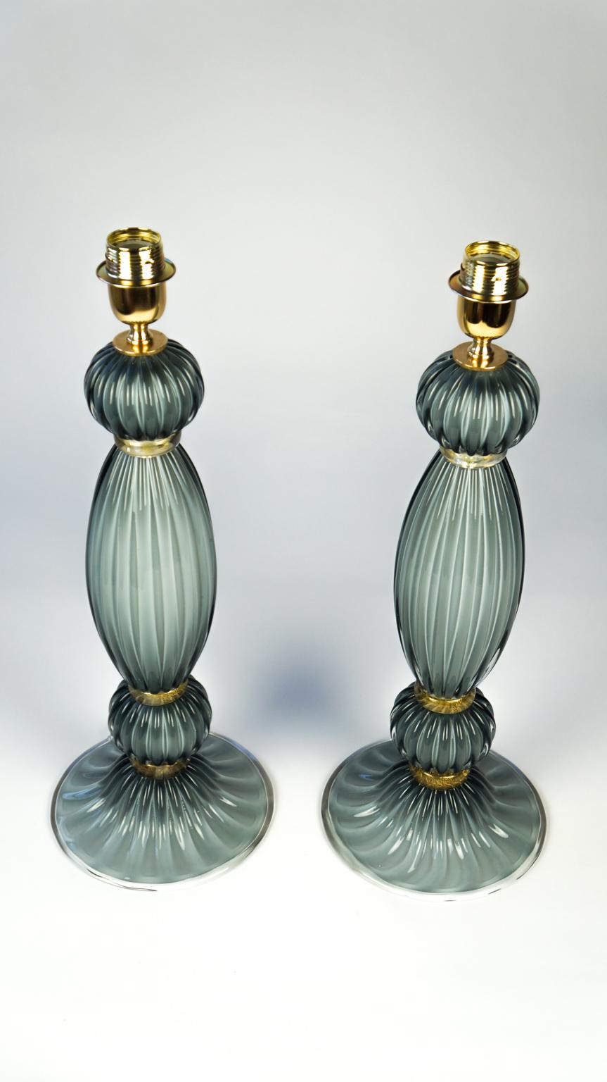 Hand-Crafted Toso Murano Mid-Century Modern Grey White Two of Venetian Glass Table Lamps 1984