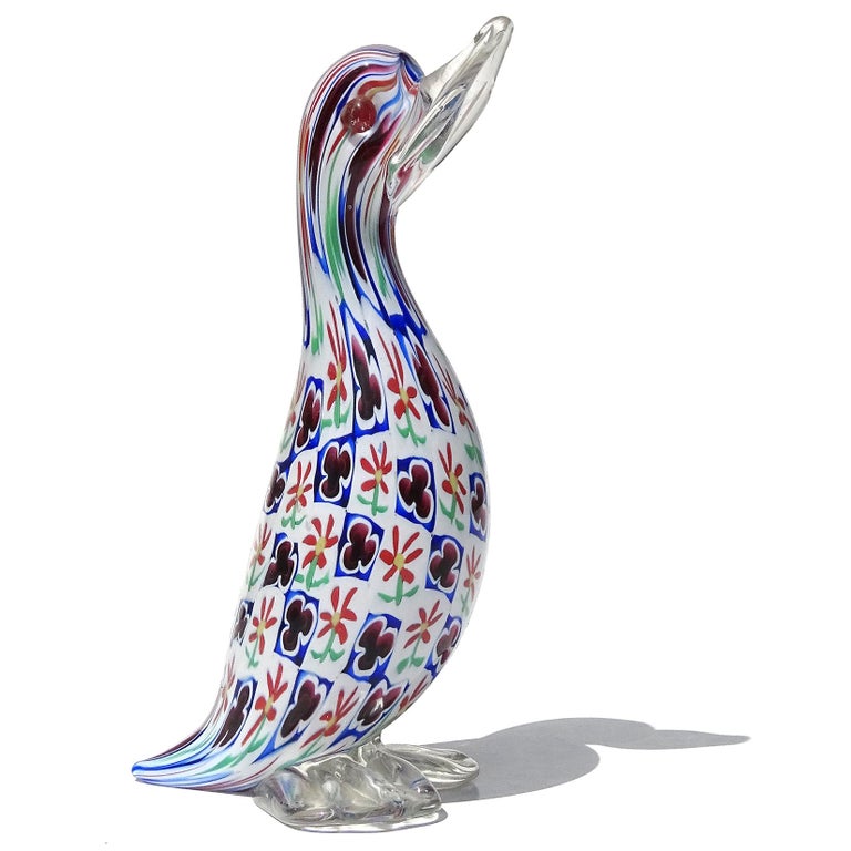 Toso Murano Millefiori Daisy Clover Flower Mosaic Italian Art Glass Duck Figure For Sale at 1stDibs