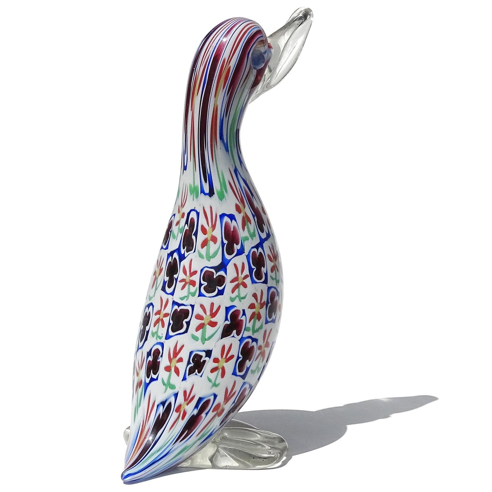 Hand-Crafted Toso Murano Millefiori Daisy Clover Flower Mosaic Italian Art Glass Duck Figure For Sale