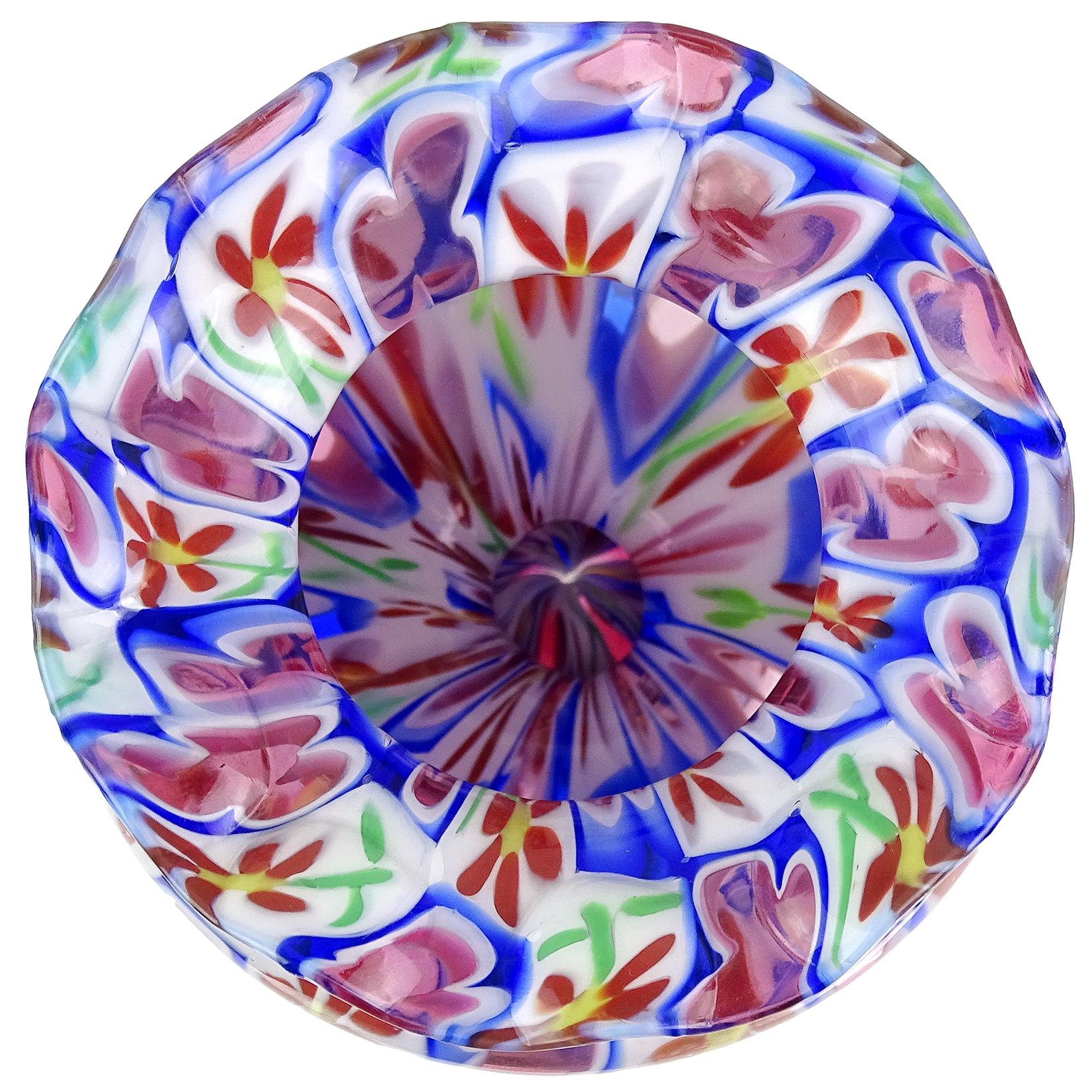 Hand-Crafted Toso Murano Millefiori Daisy Clover Flower Mosaic Italian Art Glass Footed Vase For Sale
