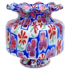 Retro Toso Murano Millefiori Daisy Clover Flower Mosaic Italian Art Glass Footed Vase