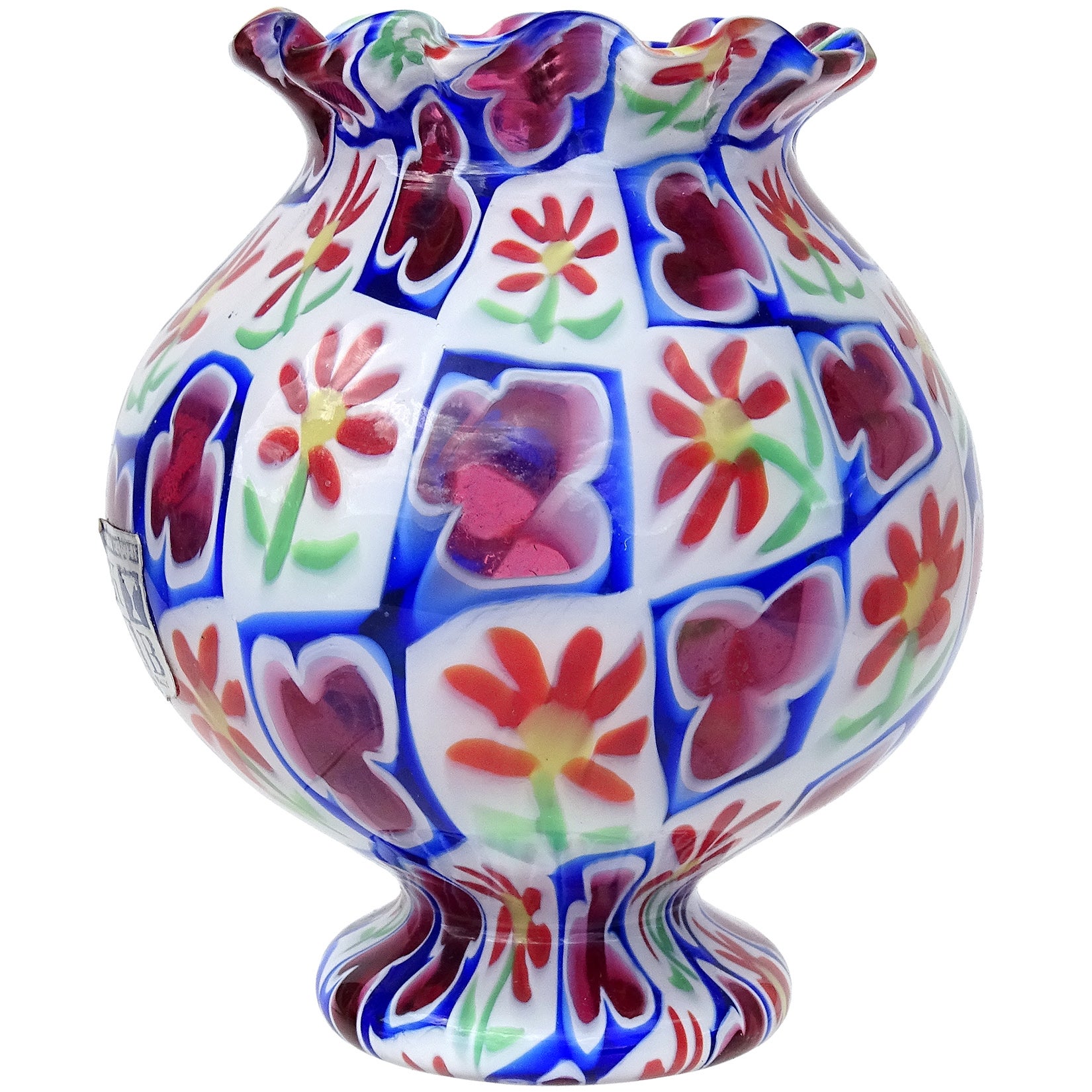 Toso Murano, vase à pied en verre d'art italien avec mosaïque de fleurs de trèfles et marguerite Millefiori