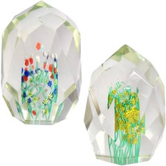 Toso Murano Millefiori Wild Flower Italian Art Glass Diamond Facet Paperweights