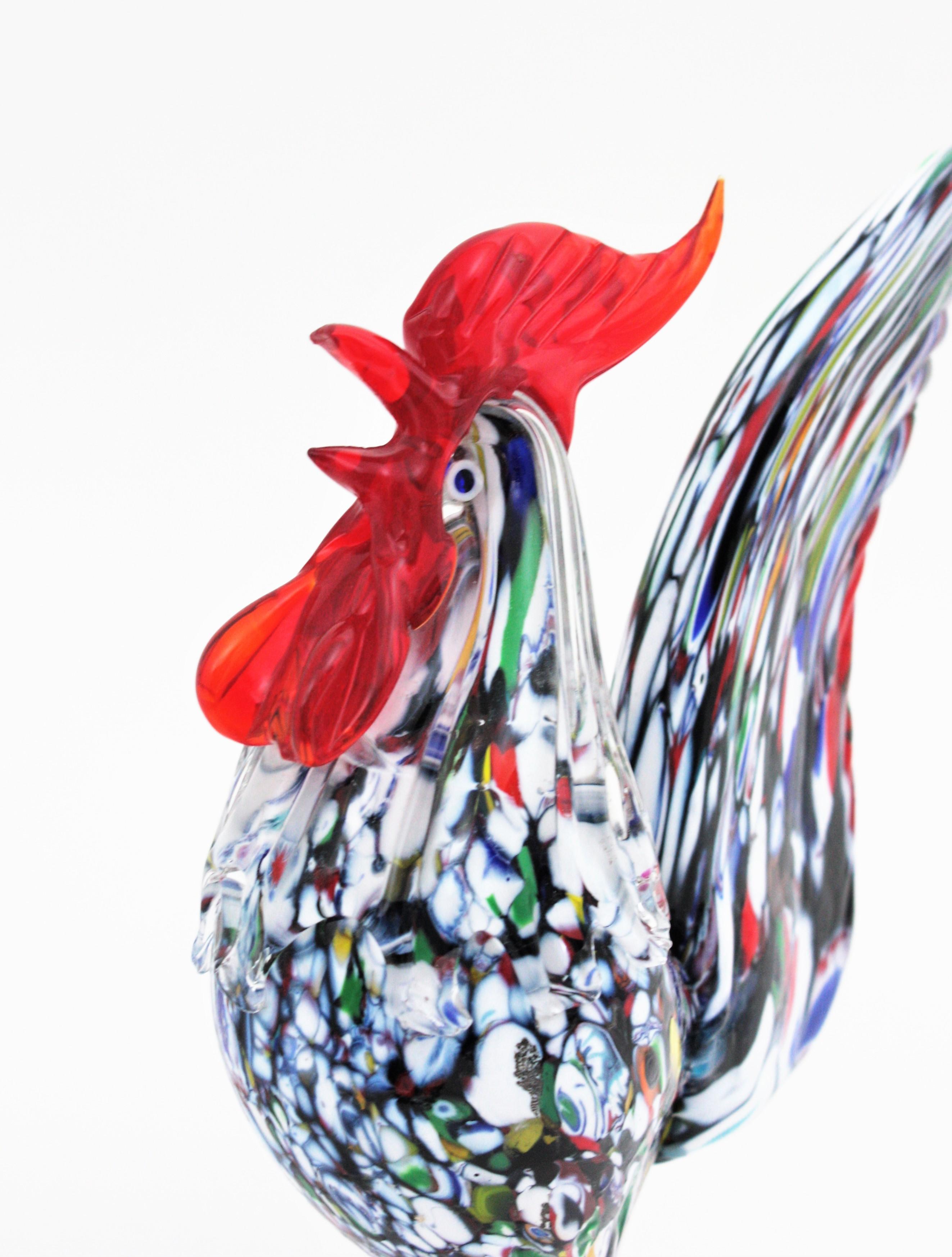20th Century Toso Murano Multicolor Murrine Art Glass Rooster Sculpture Paperweight For Sale