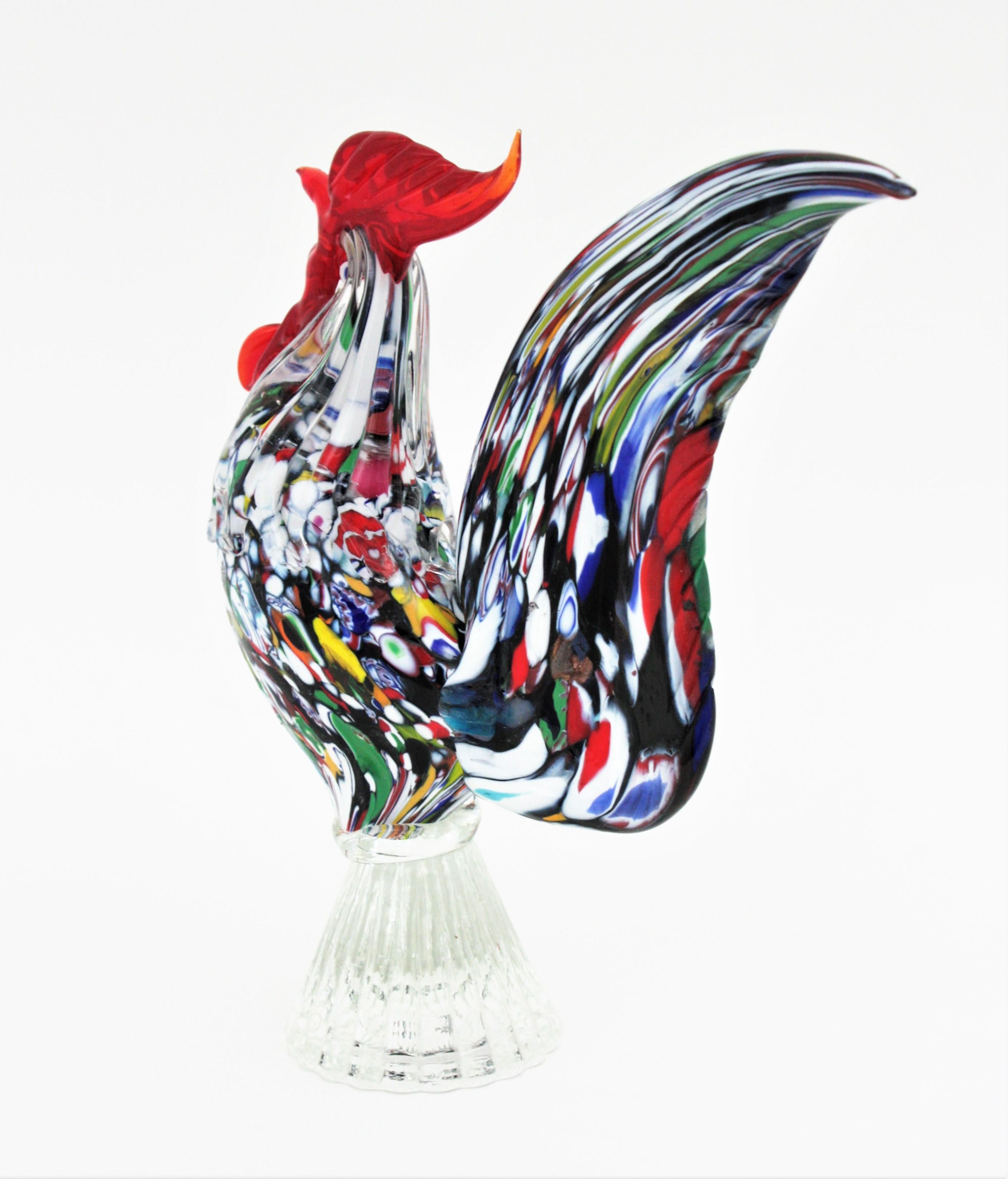 Toso Murano Multicolor Murrine Art Glass Rooster Sculpture Paperweight In Excellent Condition For Sale In Barcelona, ES