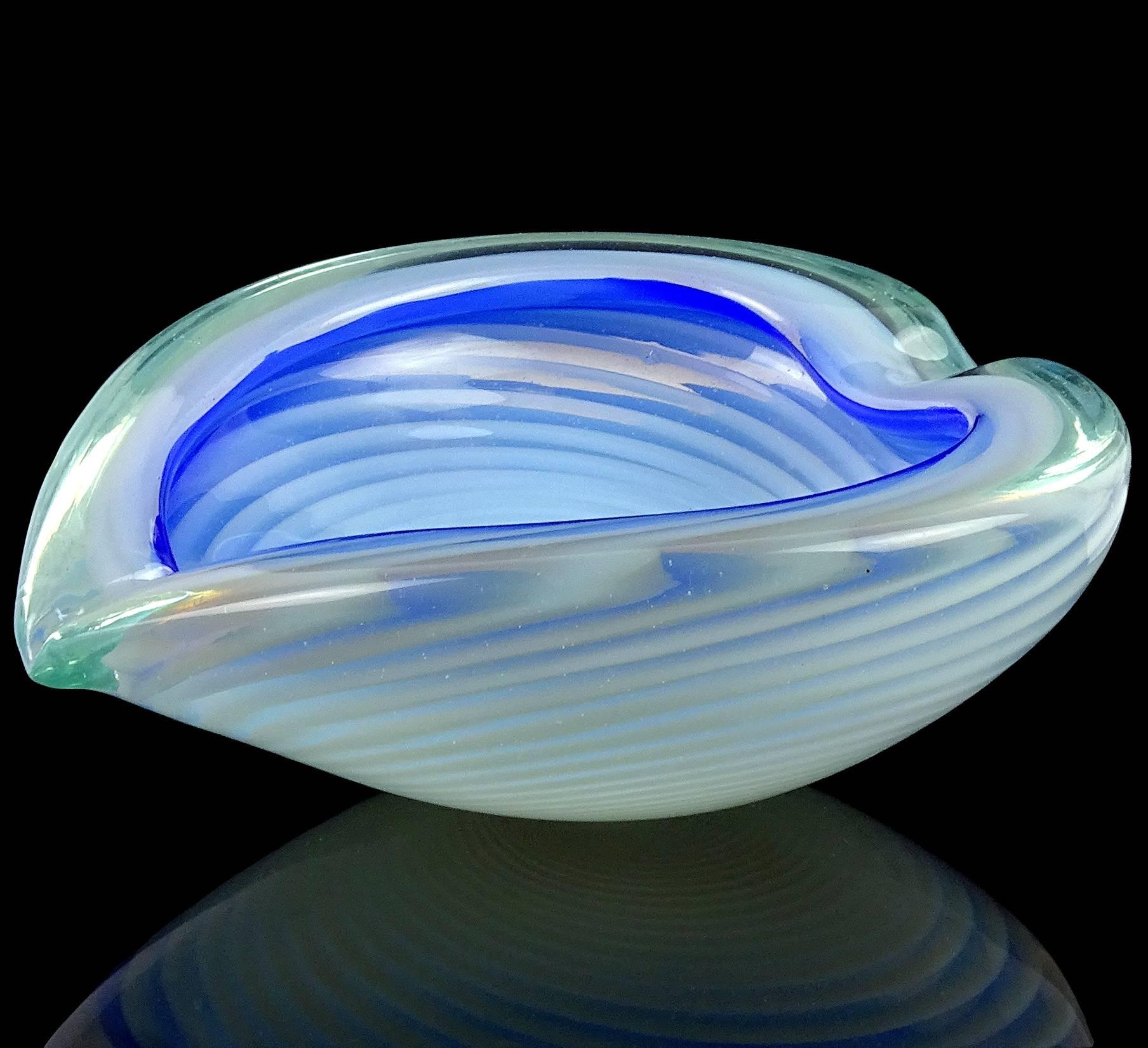 Mid-Century Modern Toso Murano Opalescent Optic Swirl Blue Rim Italian Art Glass Heart Shaped Bowl For Sale