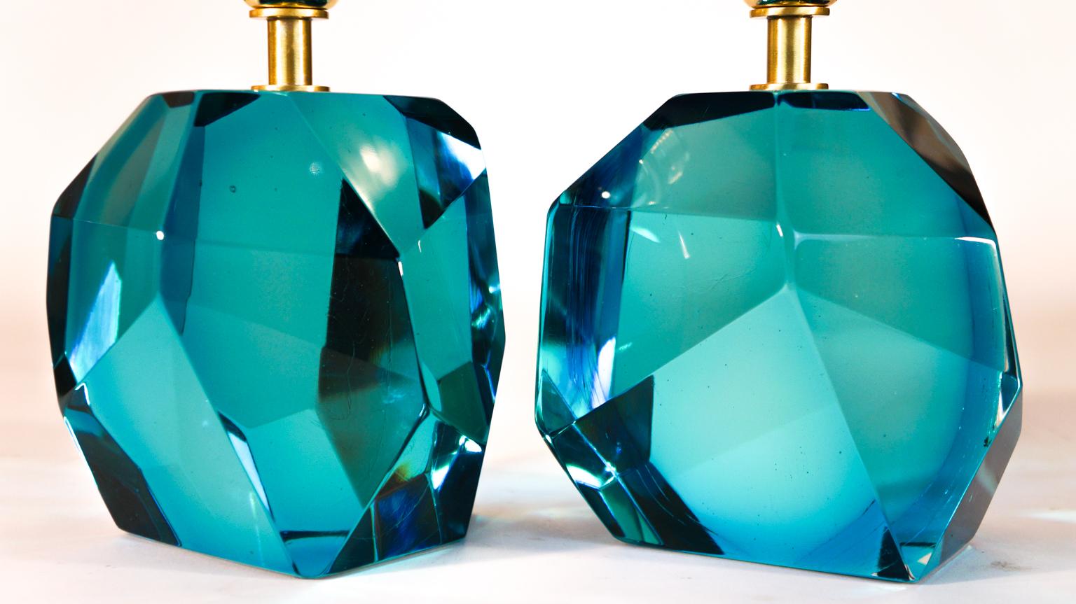 Toso Mid-Century Pair of Aquamarine Murano Glass Table Lamps Faceted, 1994s For Sale 5