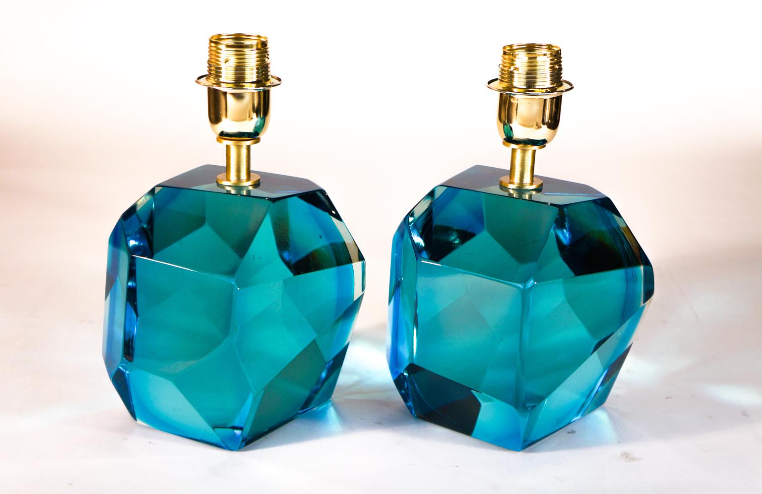 Late 20th Century Toso Mid-Century Pair of Aquamarine Murano Glass Table Lamps Faceted, 1994s For Sale