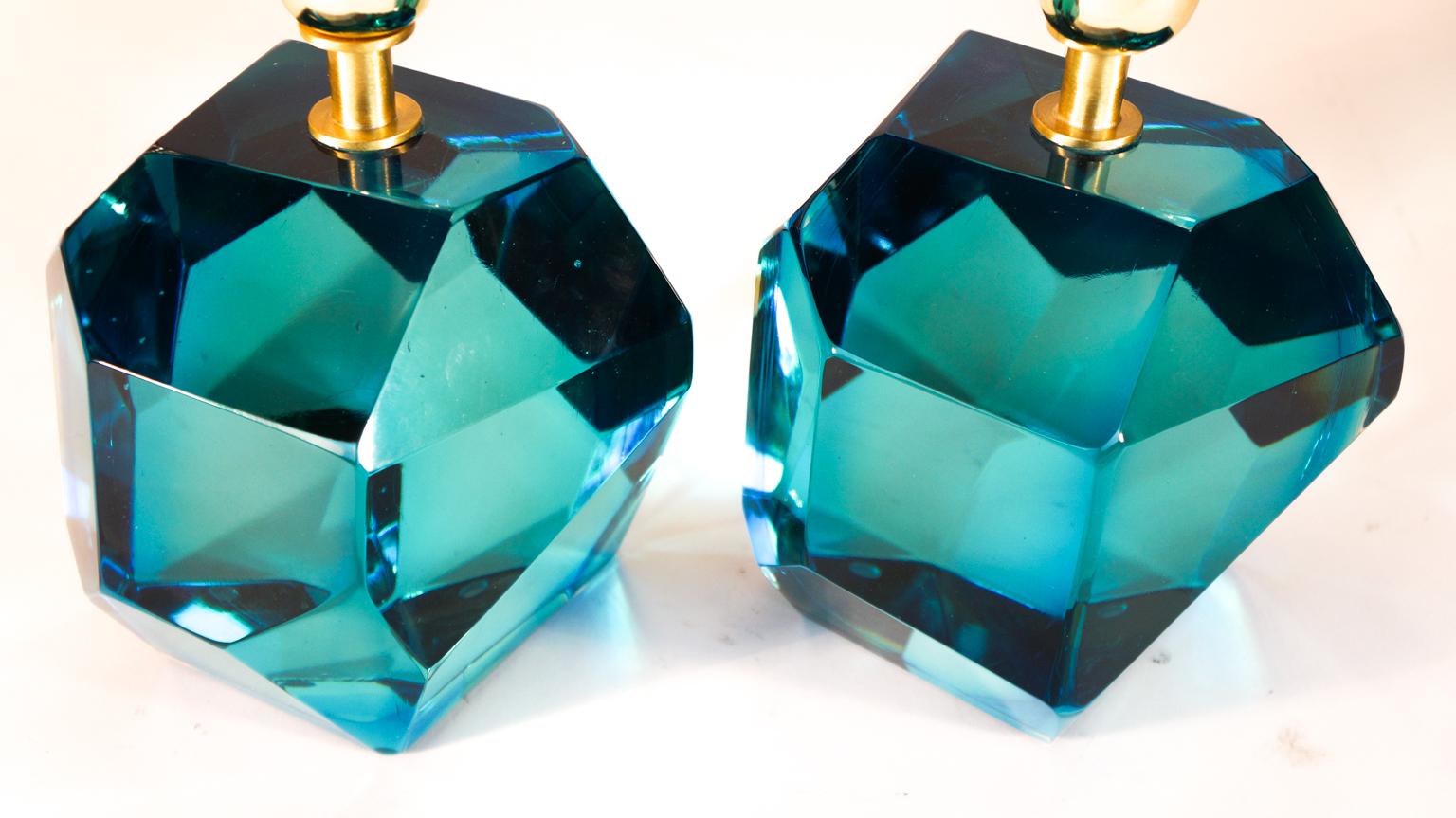 Toso Mid-Century Pair of Aquamarine Murano Glass Table Lamps Faceted, 1994s For Sale 1