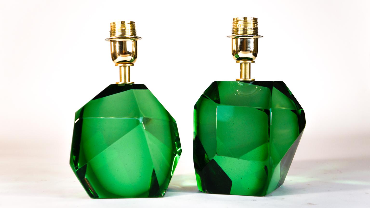 Toso Mid-Century Pair of Green Italian Murano Glass Table Lamps Faceted, 1994s For Sale 7