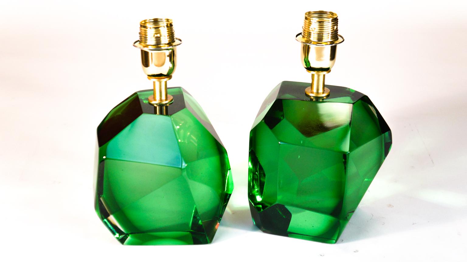 Toso Mid-Century Pair of Green Italian Murano Glass Table Lamps Faceted, 1994s For Sale 8
