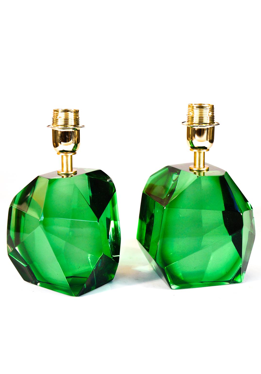 Toso Mid-Century Pair of Green Italian Murano Glass Table Lamps Faceted, 1994s For Sale 9