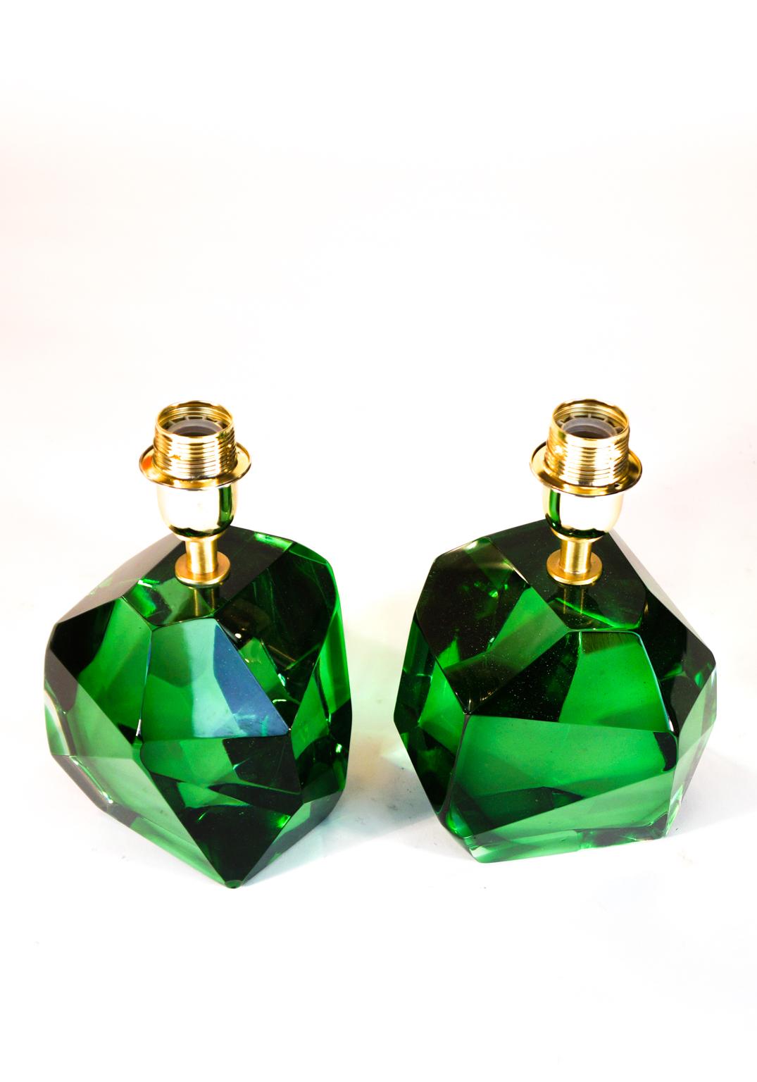 Toso Mid-Century Pair of Green Italian Murano Glass Table Lamps Faceted, 1994s For Sale 10