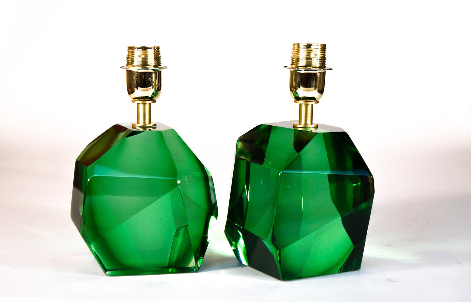 Mid-Century Modern Toso Mid-Century Pair of Green Italian Murano Glass Table Lamps Faceted, 1994s For Sale