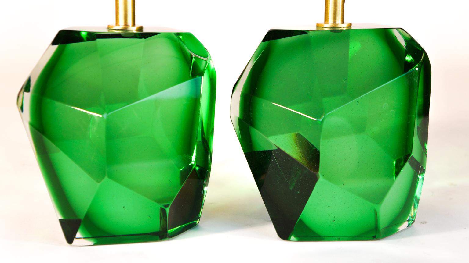 Toso Mid-Century Pair of Green Italian Murano Glass Table Lamps Faceted, 1994s For Sale 2