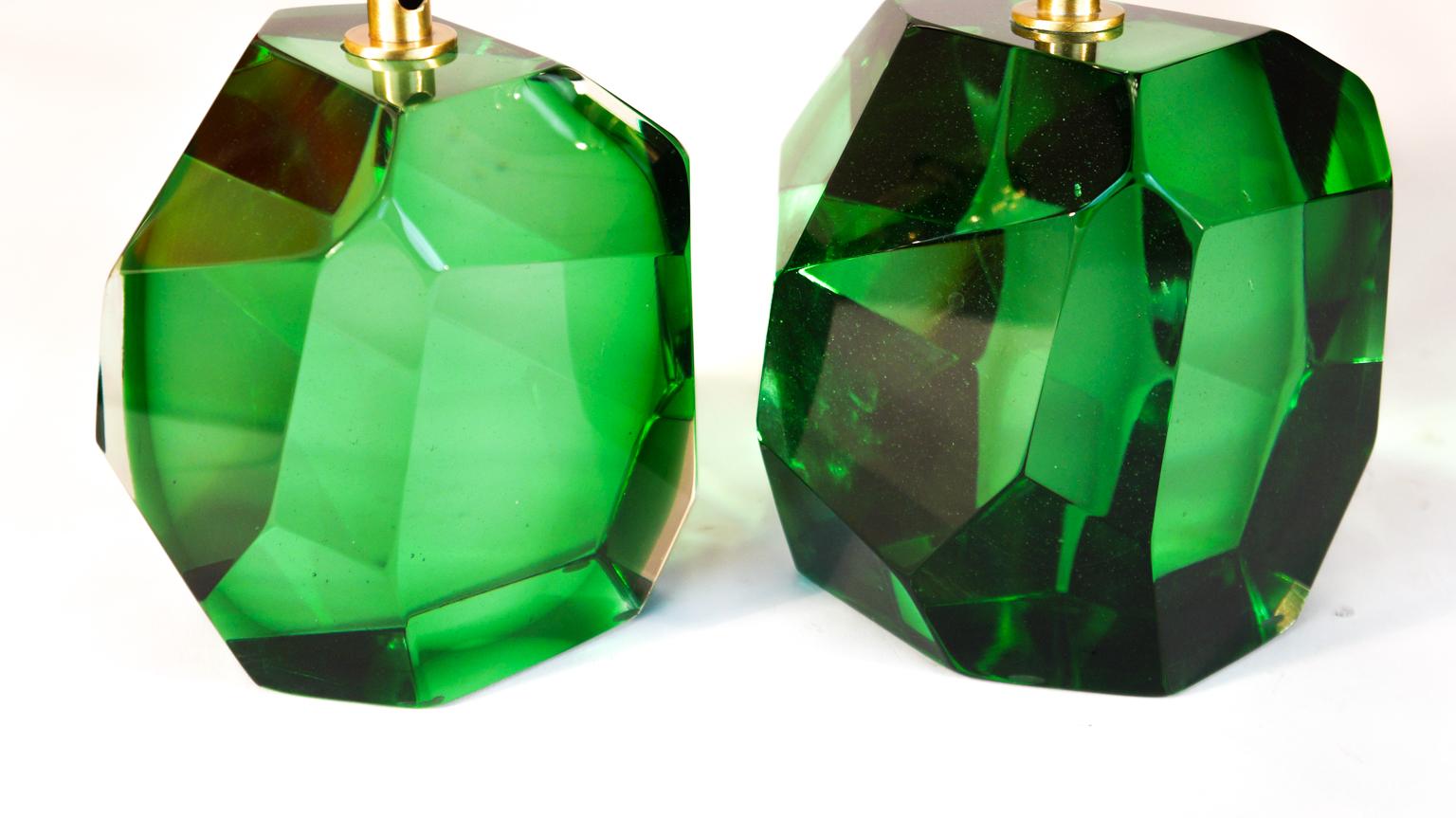 Toso Mid-Century Pair of Green Italian Murano Glass Table Lamps Faceted, 1994s For Sale 3
