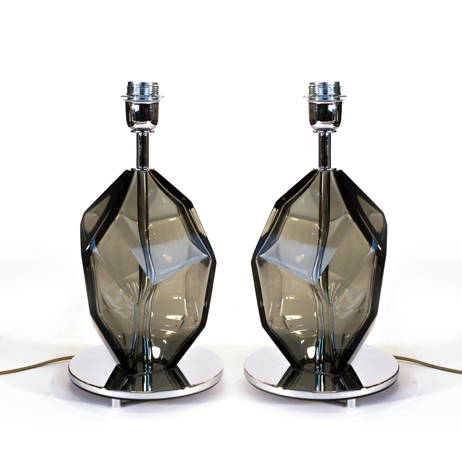 Toso Murano Pair of Grey Italian Venetian Glass Table Lamps Faceted, 1991 For Sale 9
