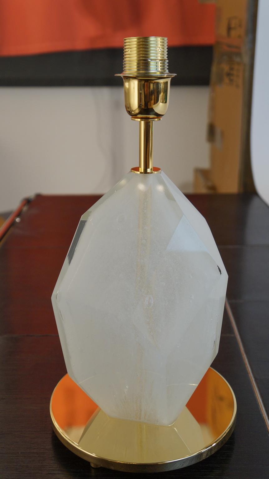 Art Glass Toso Murano Pair of White Italian Venetian Glass Table Lamps Solid Faceted, 1990 For Sale