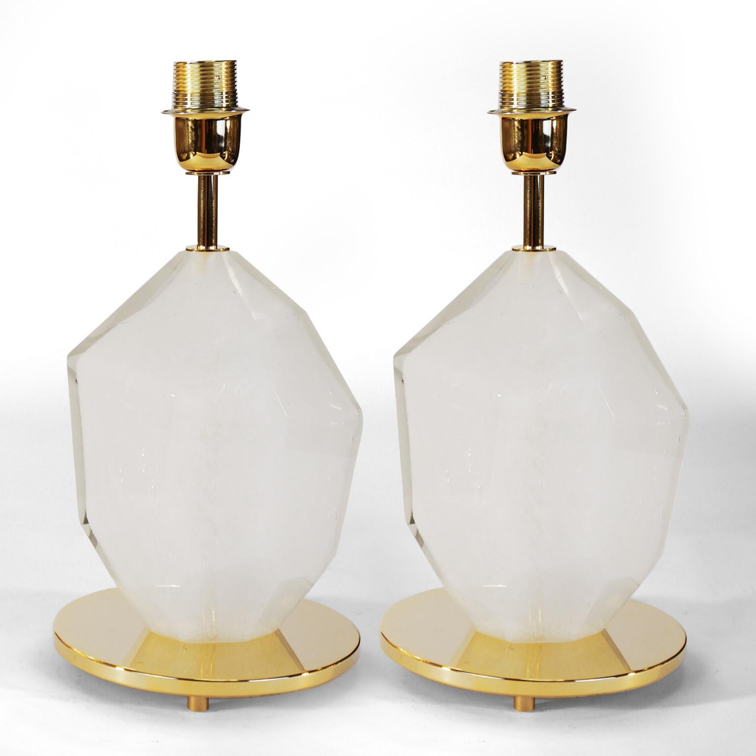 Toso Murano Pair of White Italian Venetian Glass Table Lamps Solid Faceted, 1990 For Sale 1