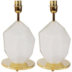Toso Murano paire de lampes de bureau italiennes en verre vénitien blanc à facettes massives, 1990