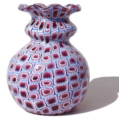 Toso Murano Pink Blue White Millefiori Flower Mosaic Italian Art Glass Bud Vase