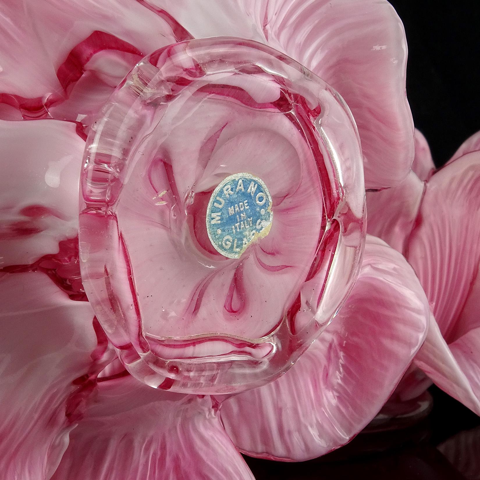 Mid-Century Modern Toso Murano Pink White Mottled Double Petal Italian Art Glass Flower Bowls