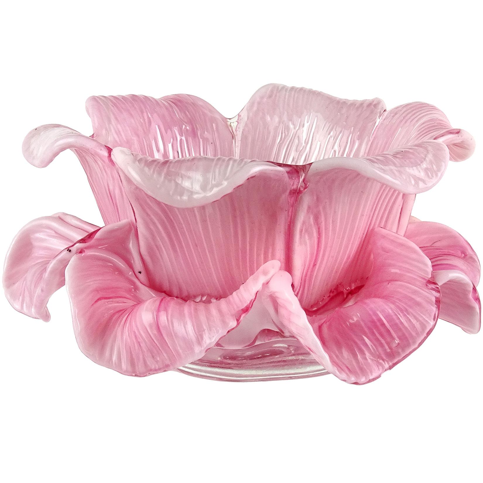 Hand-Crafted Toso Murano Pink White Mottled Double Petal Italian Art Glass Flower Bowls