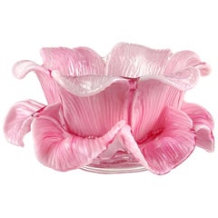 Toso Murano Rosa Blanco Moteado Doble Pétalo Floreros de Vidrio Artístico Italiano