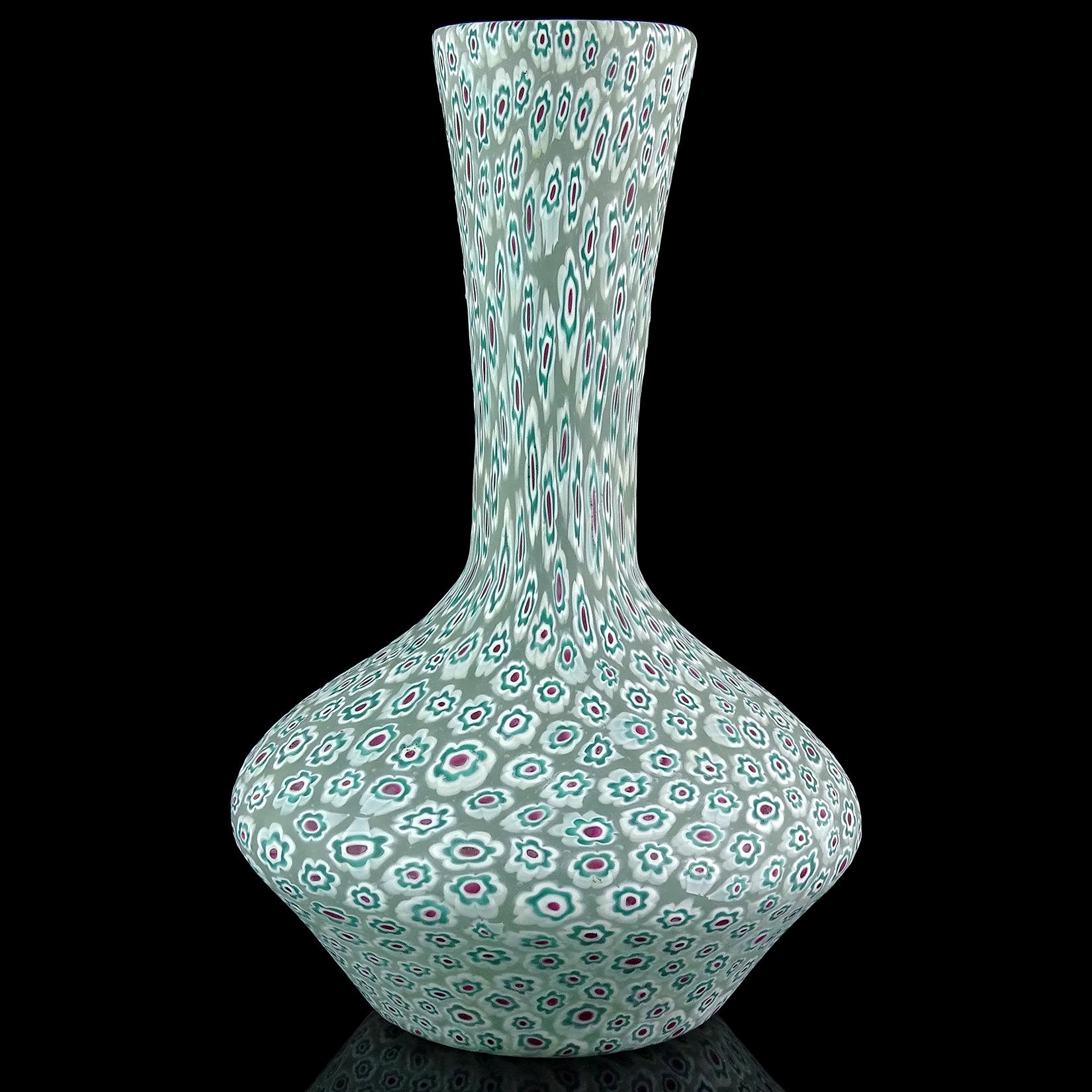Mid-Century Modern Toso Murano Red White Teal Green Millefiori Flower Mosaic Italian Art Glass Vase