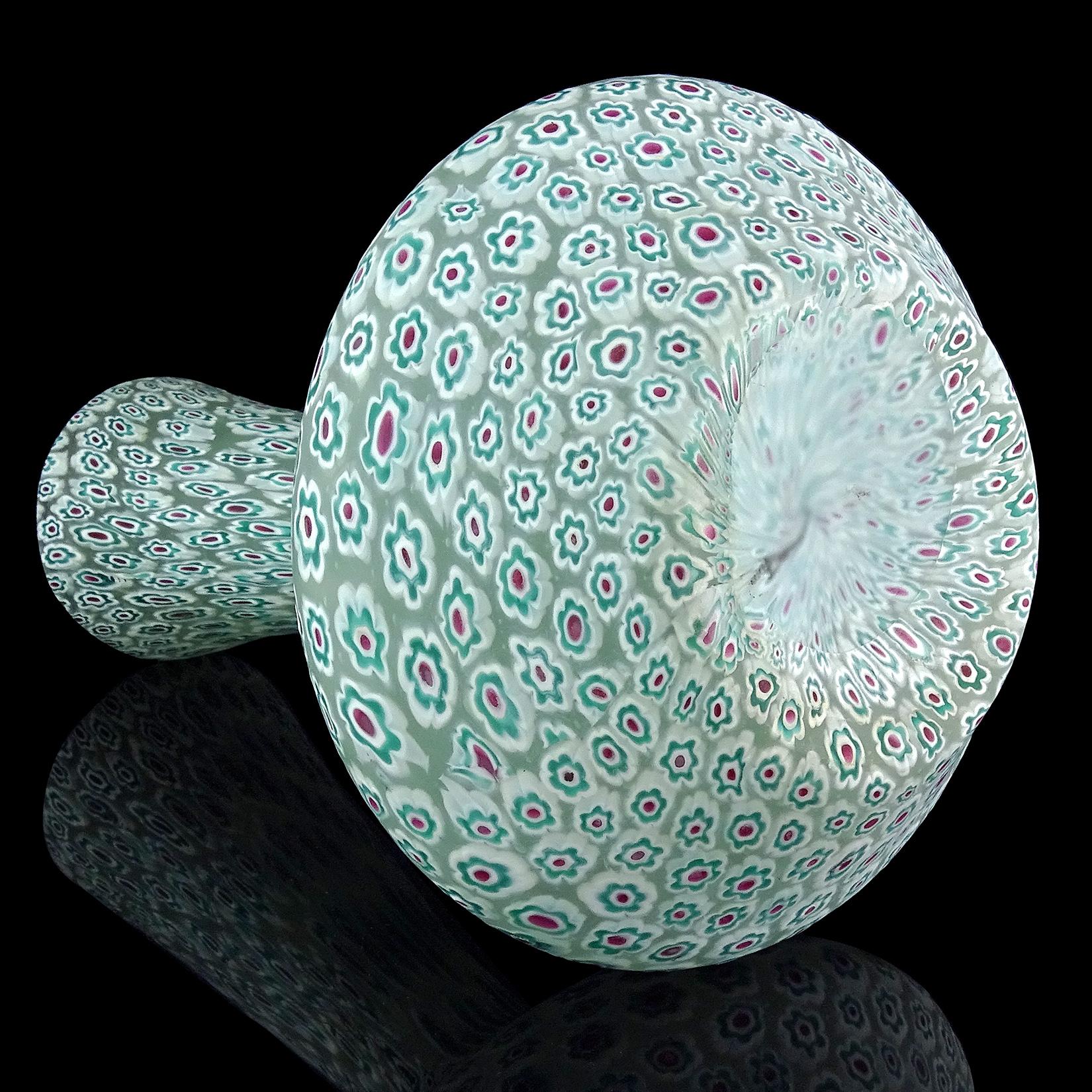 Hand-Crafted Toso Murano Red White Teal Green Millefiori Flower Mosaic Italian Art Glass Vase