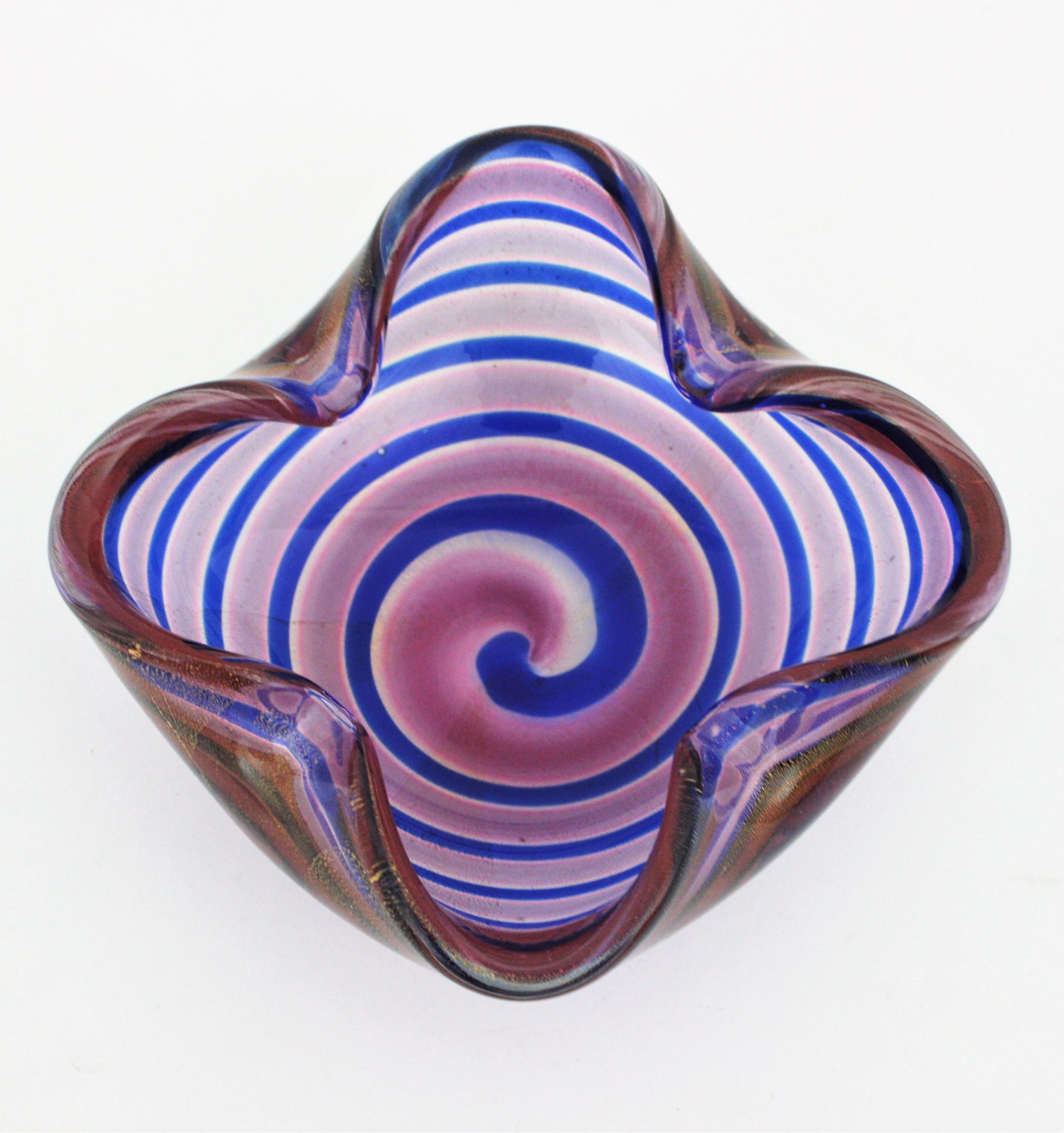 Fratelli Toso Murano Gold Flecks Swirl Pink Blue Art Glass Bowl / Ashtray, 1950s For Sale 8