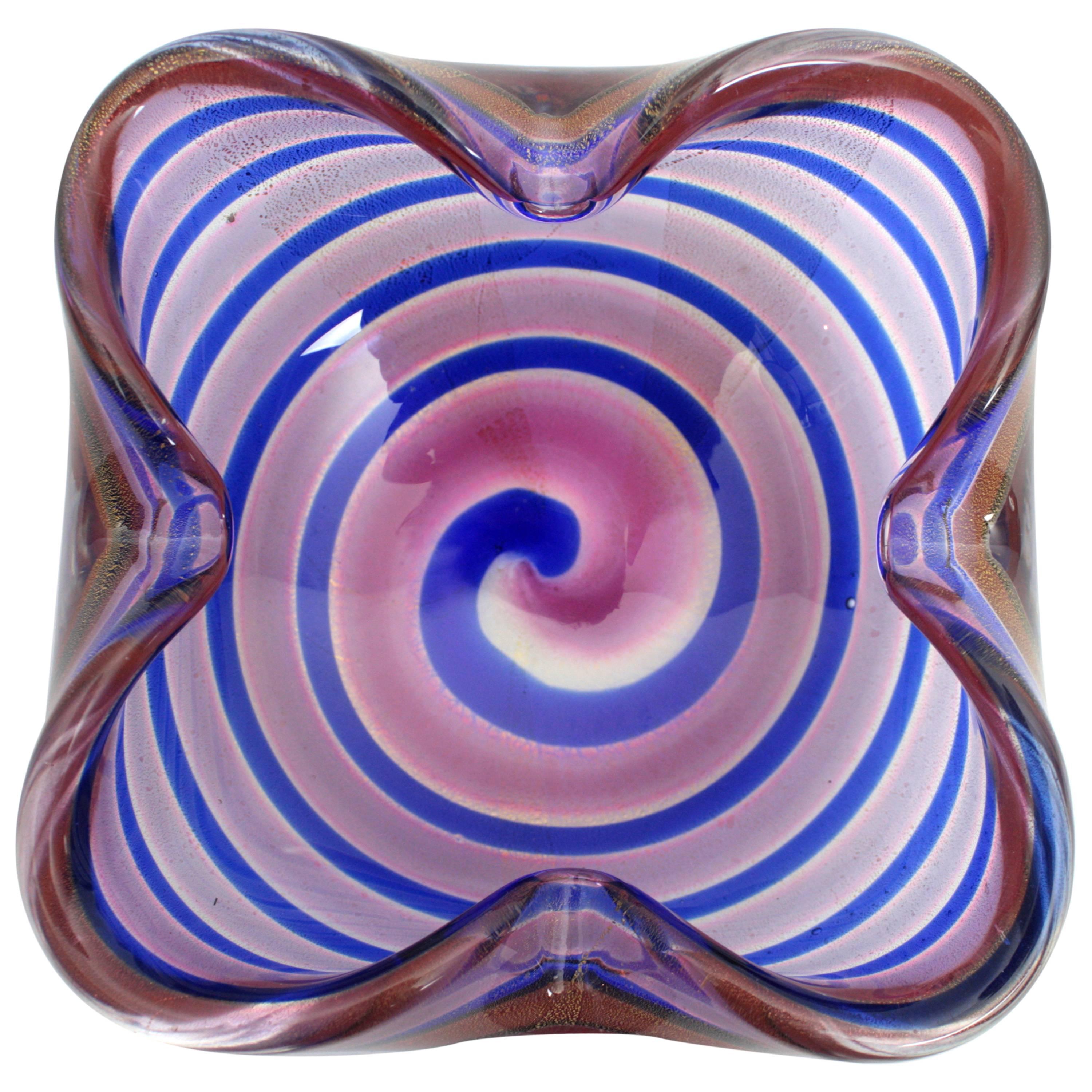 Mid-Century Modern Fratelli Toso Murano Gold Flecks Swirl Pink Blue Art Glass Bowl / Ashtray, 1950s For Sale
