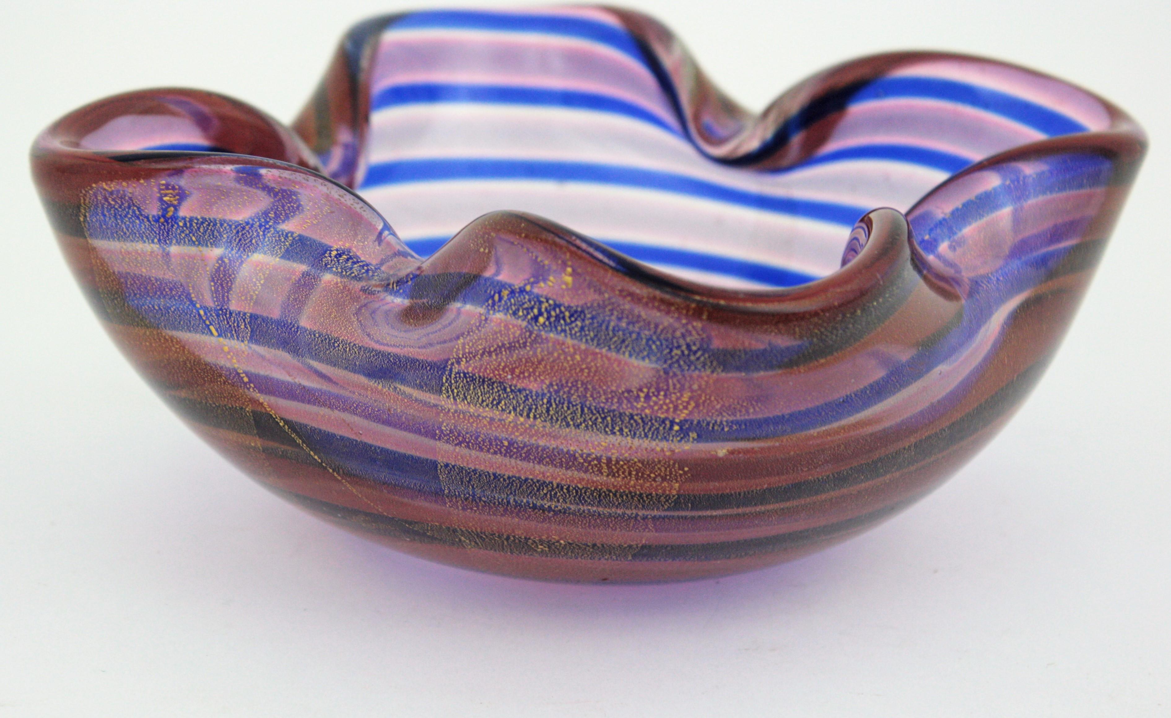 Italian Fratelli Toso Murano Gold Flecks Swirl Pink Blue Art Glass Bowl / Ashtray, 1950s For Sale
