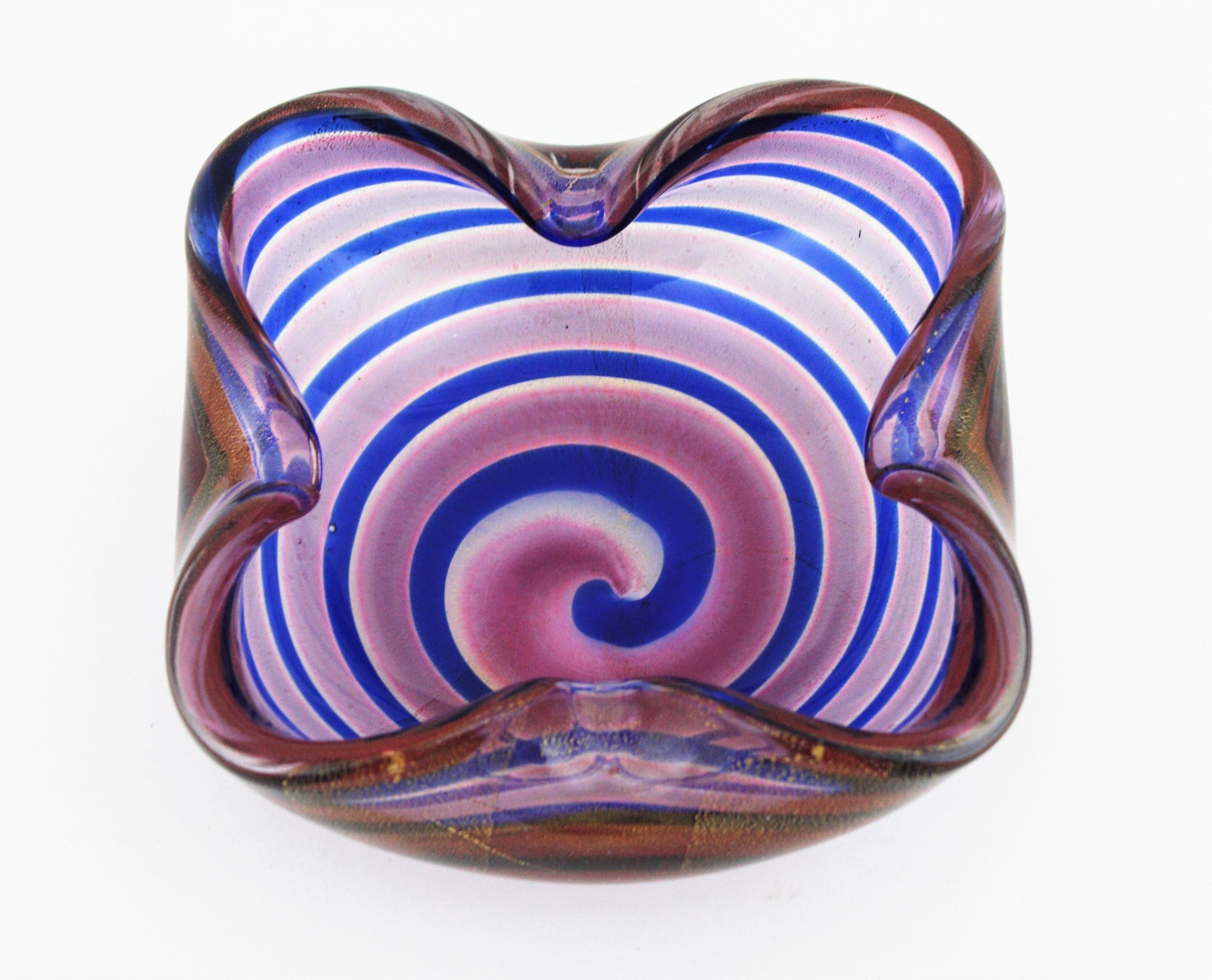 20th Century Fratelli Toso Murano Gold Flecks Swirl Pink Blue Art Glass Bowl / Ashtray, 1950s For Sale