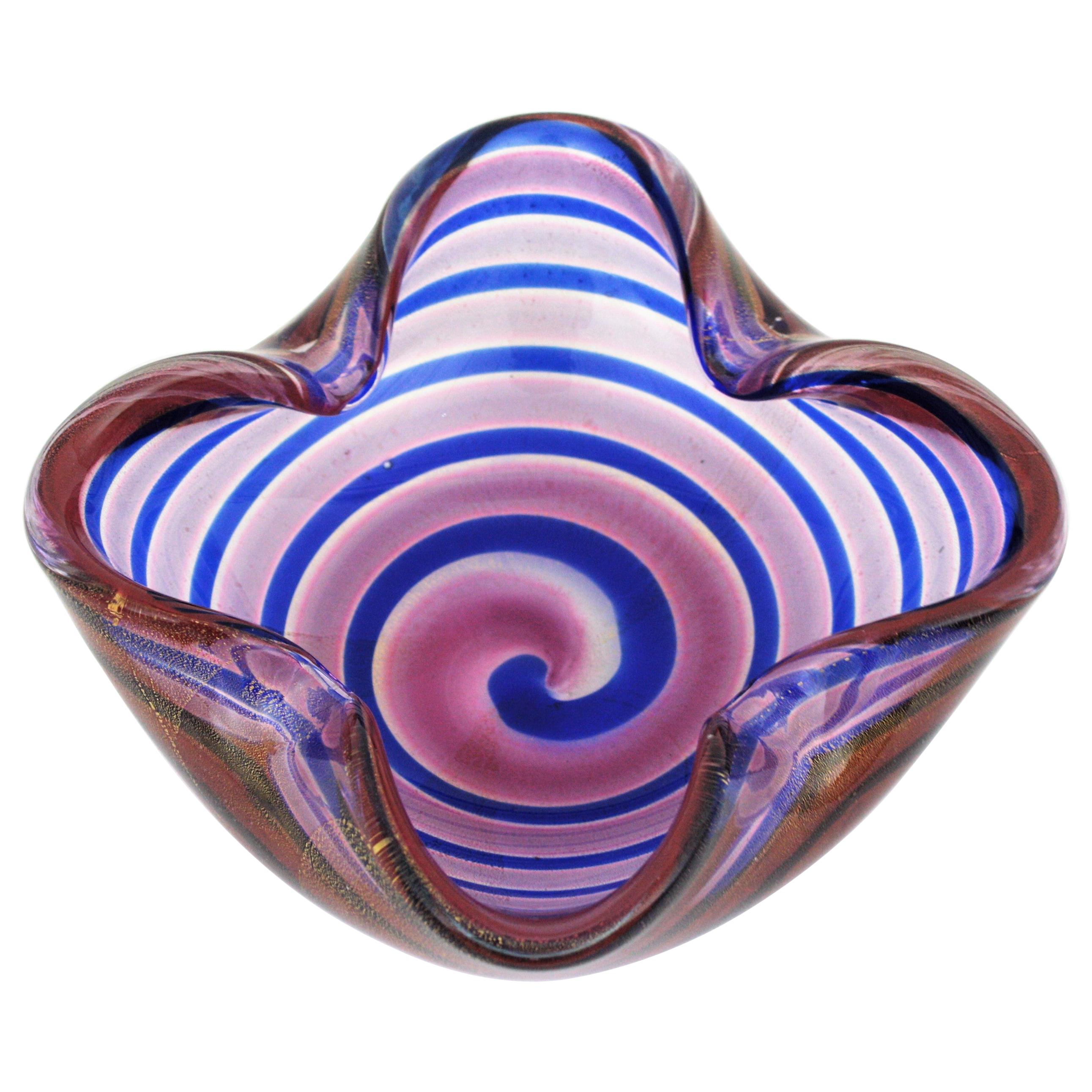 Toso Murano Swirl Pink Blue Gold Flecks Art Glass Bowl / Ashtray