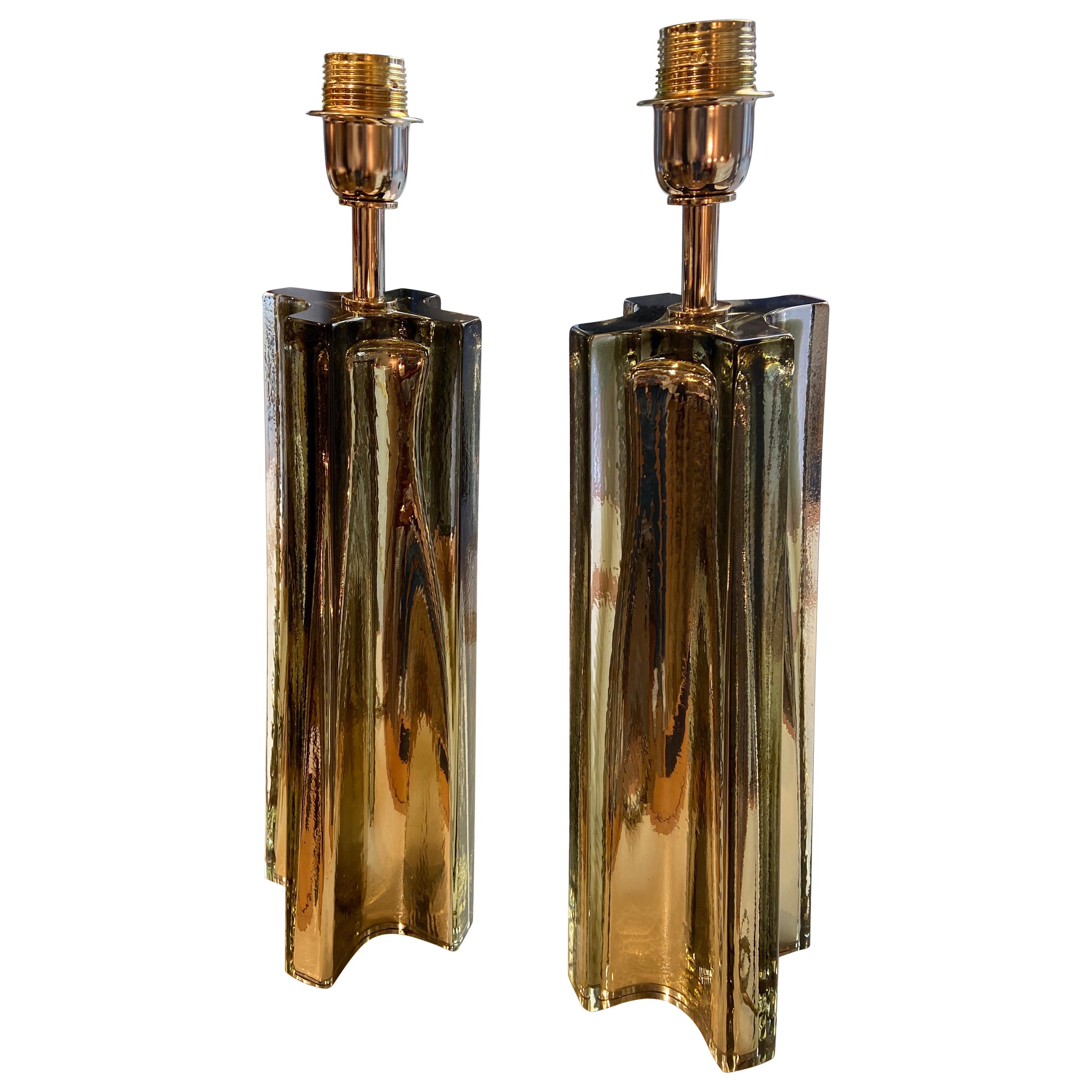 Stefano Toso, Pair of Golden Murano Table Lamps, 1980