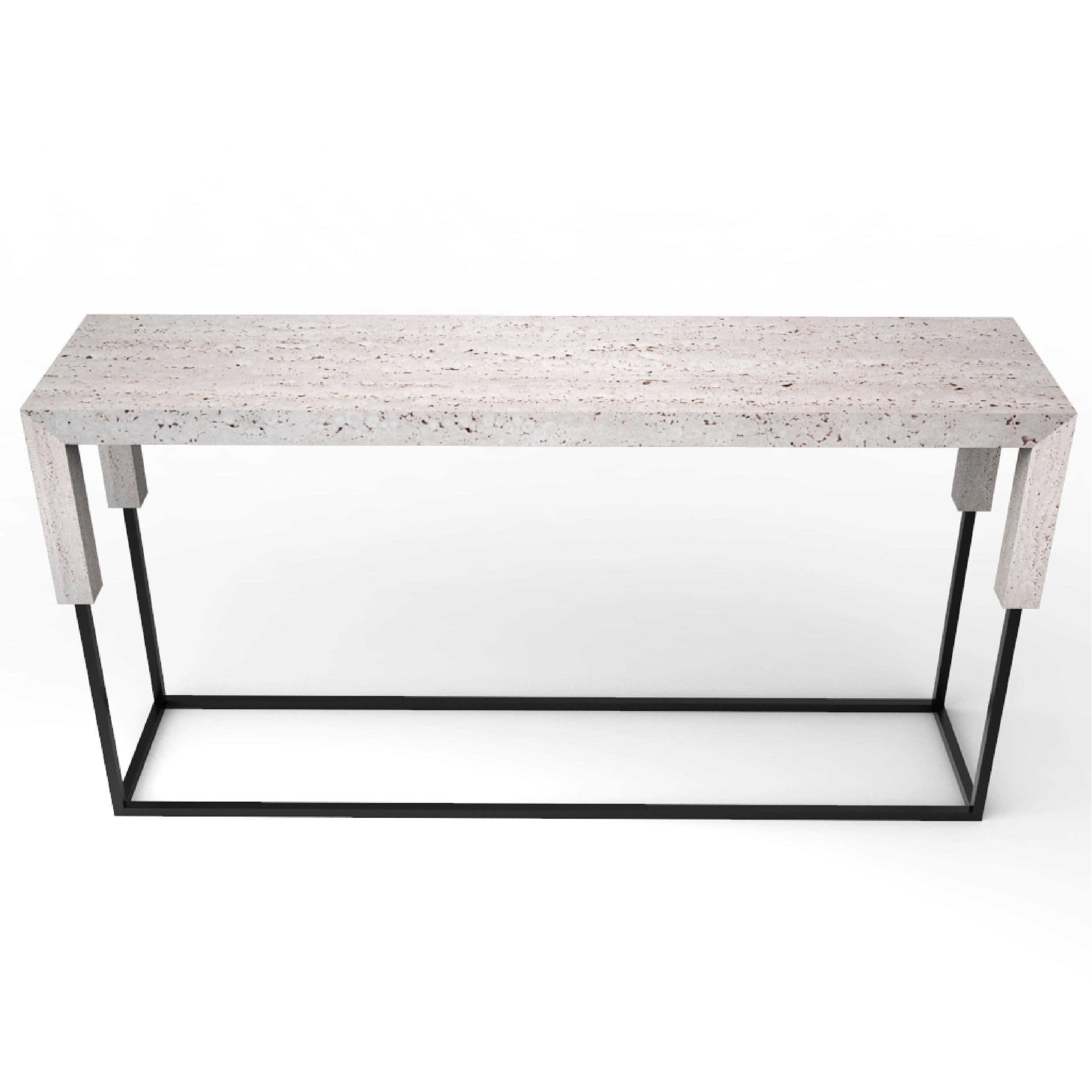 Tossa Console Italian Travertine Marble & Black Iron Luxury Console Table Meddel For Sale 2