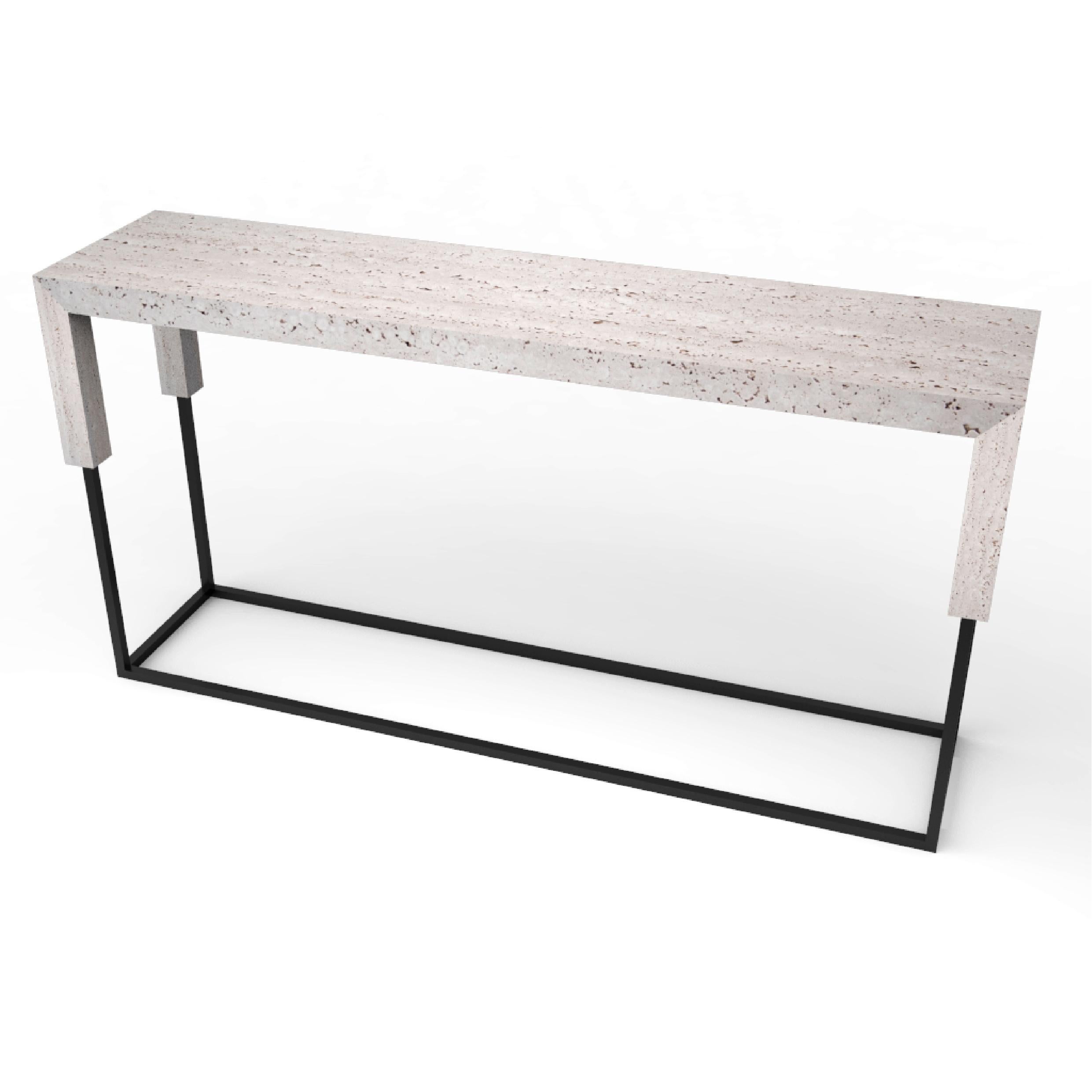 Tossa Console Italian Travertine Marble & Black Iron Luxury Console Table Meddel For Sale 3