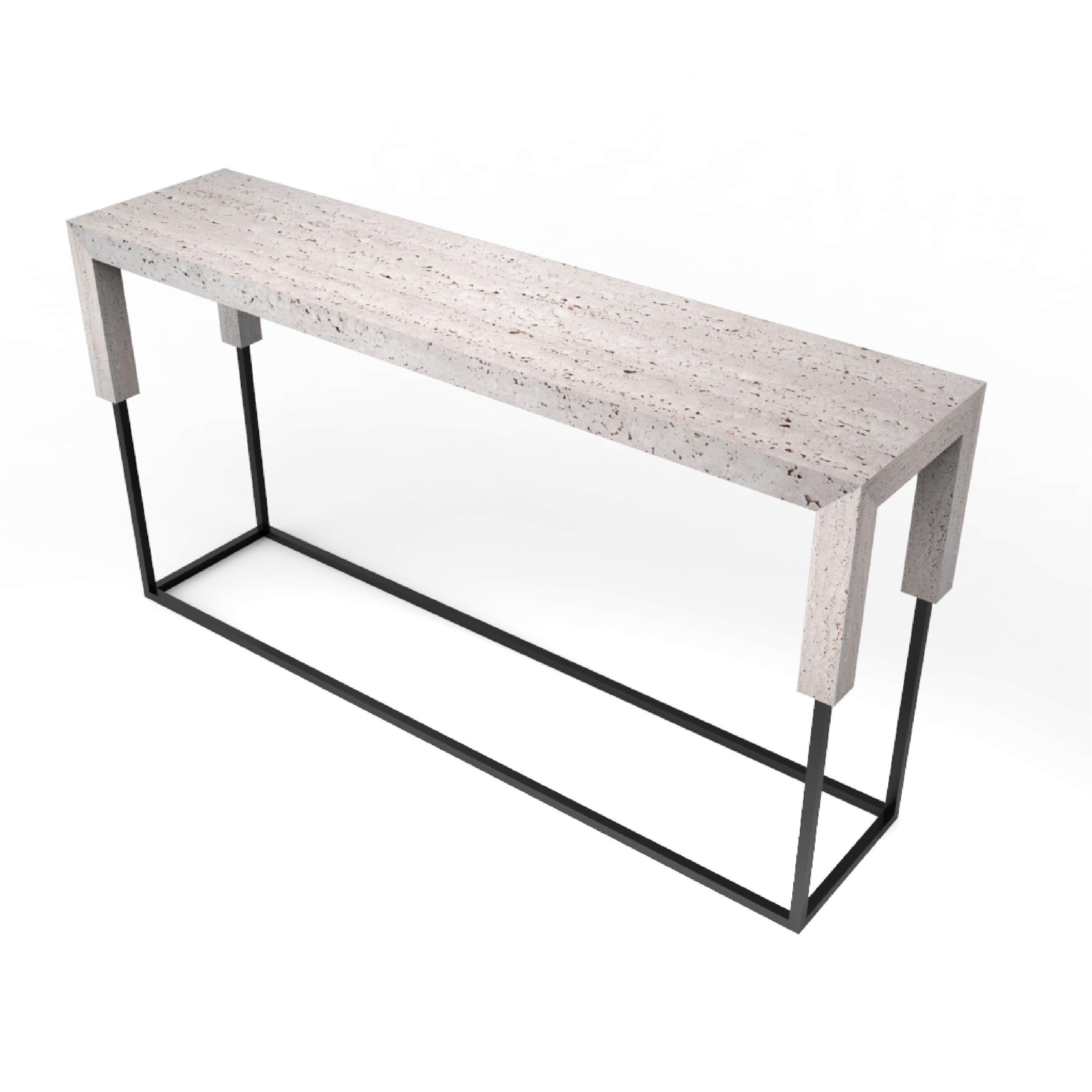 Tossa Console Italian Travertine Marble & Black Iron Luxury Console Table Meddel For Sale 4
