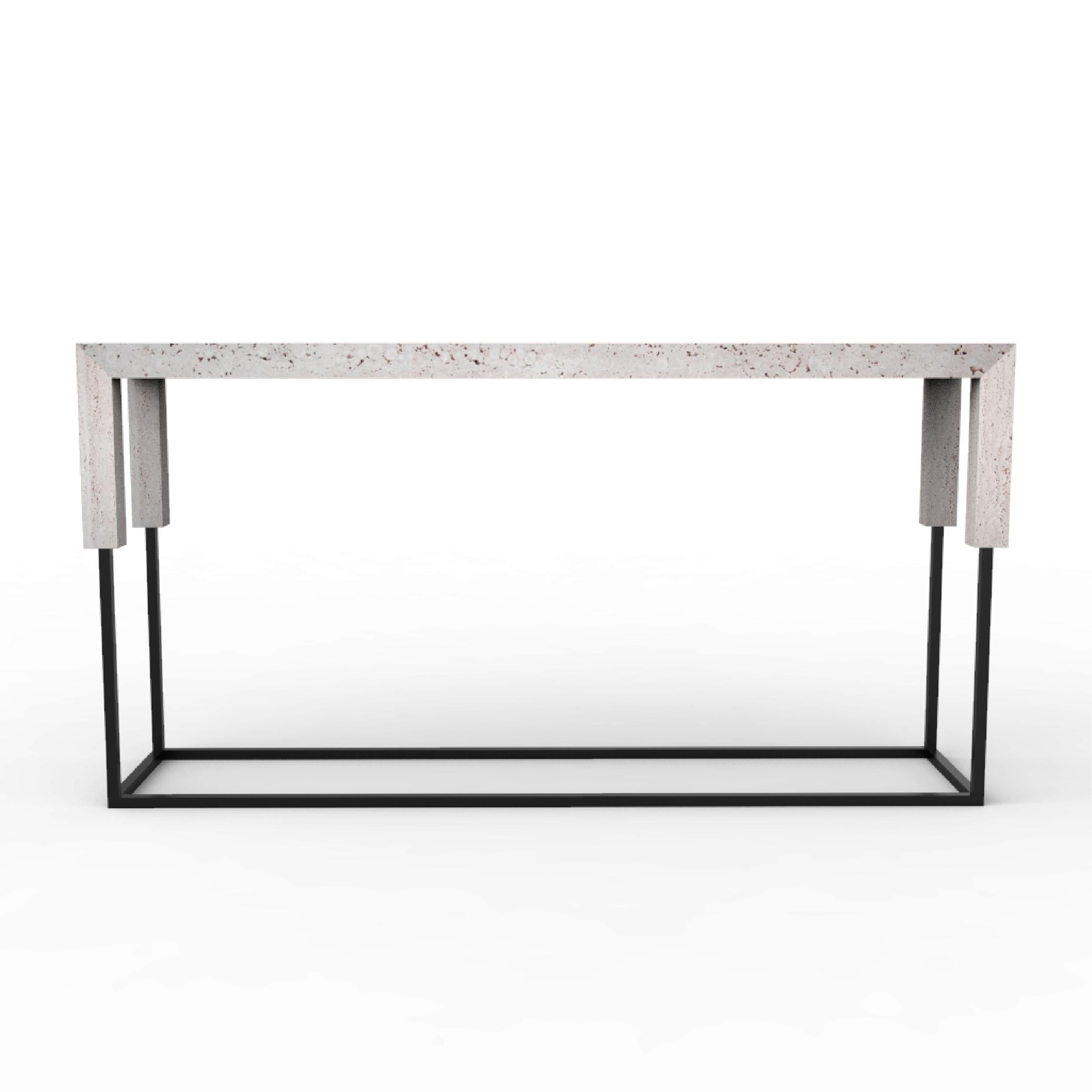 Metal Tossa Console Italian Travertine Marble & Black Iron Luxury Console Table Meddel For Sale