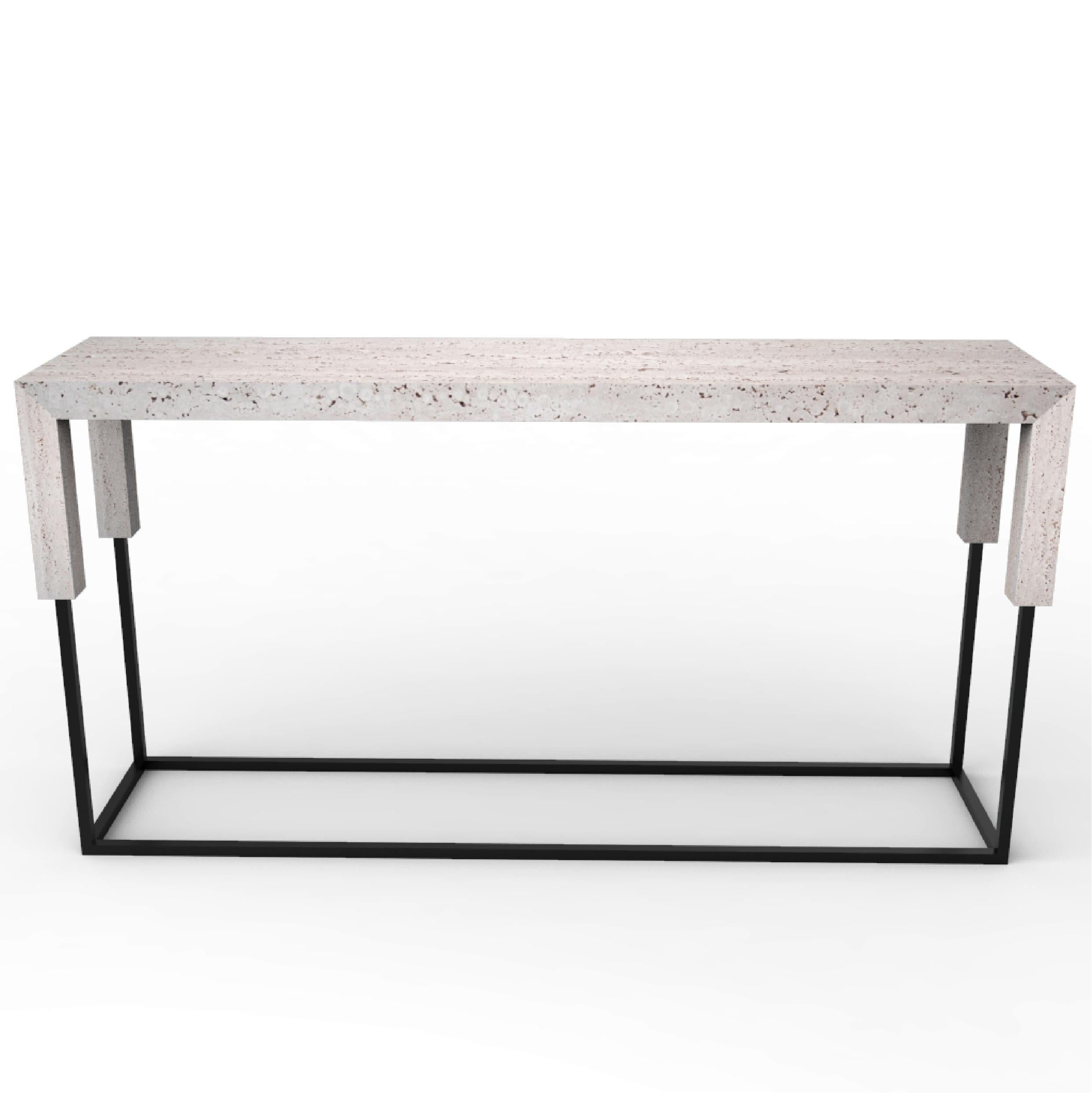 Tossa Console Italian Travertine Marble & Black Iron Luxury Console Table Meddel For Sale 1