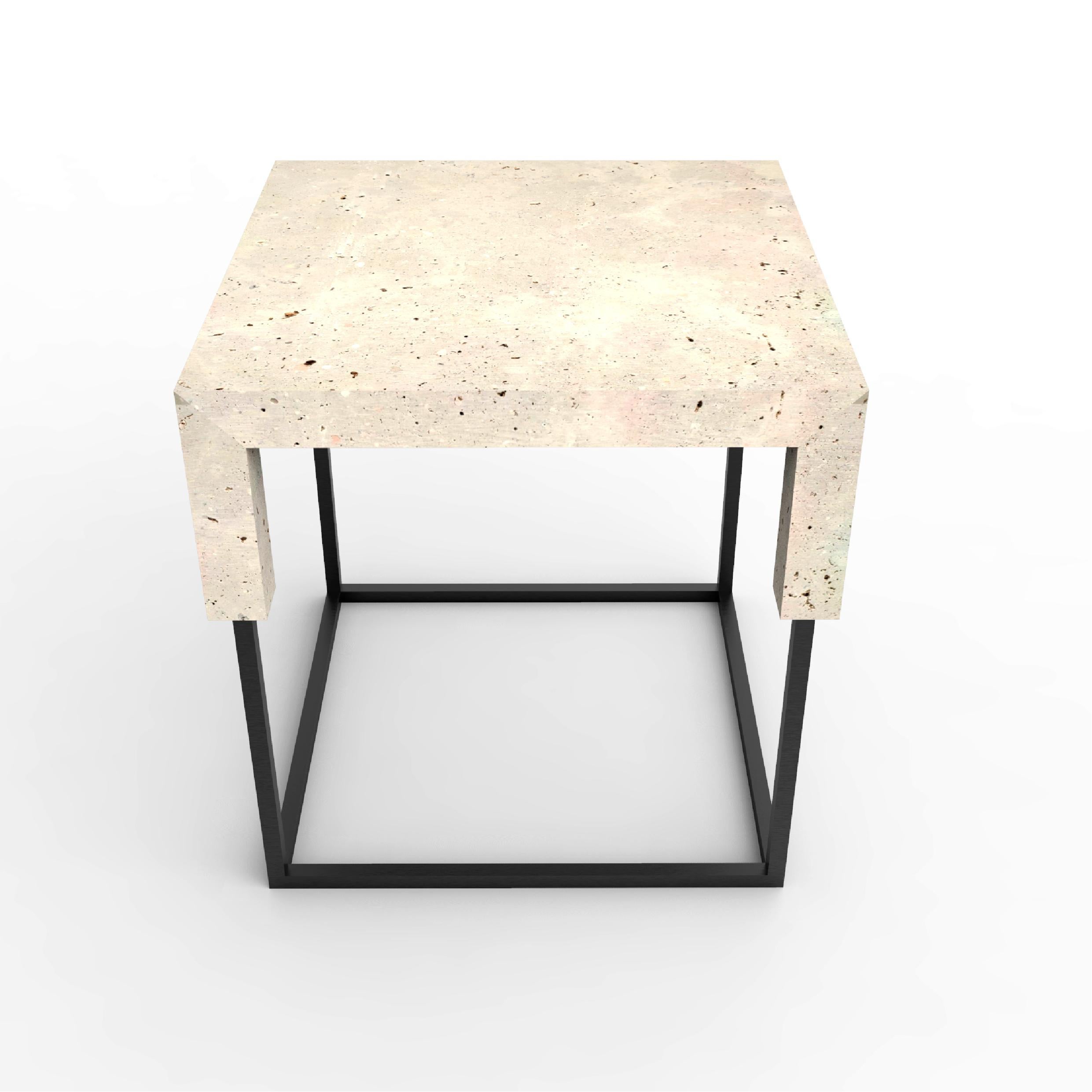 Tossa Marble Design Side Table Campaspero Limestone & Black Iron Bespoke Table Neuf - En vente à VALVERDE DEL MAJANO, CL