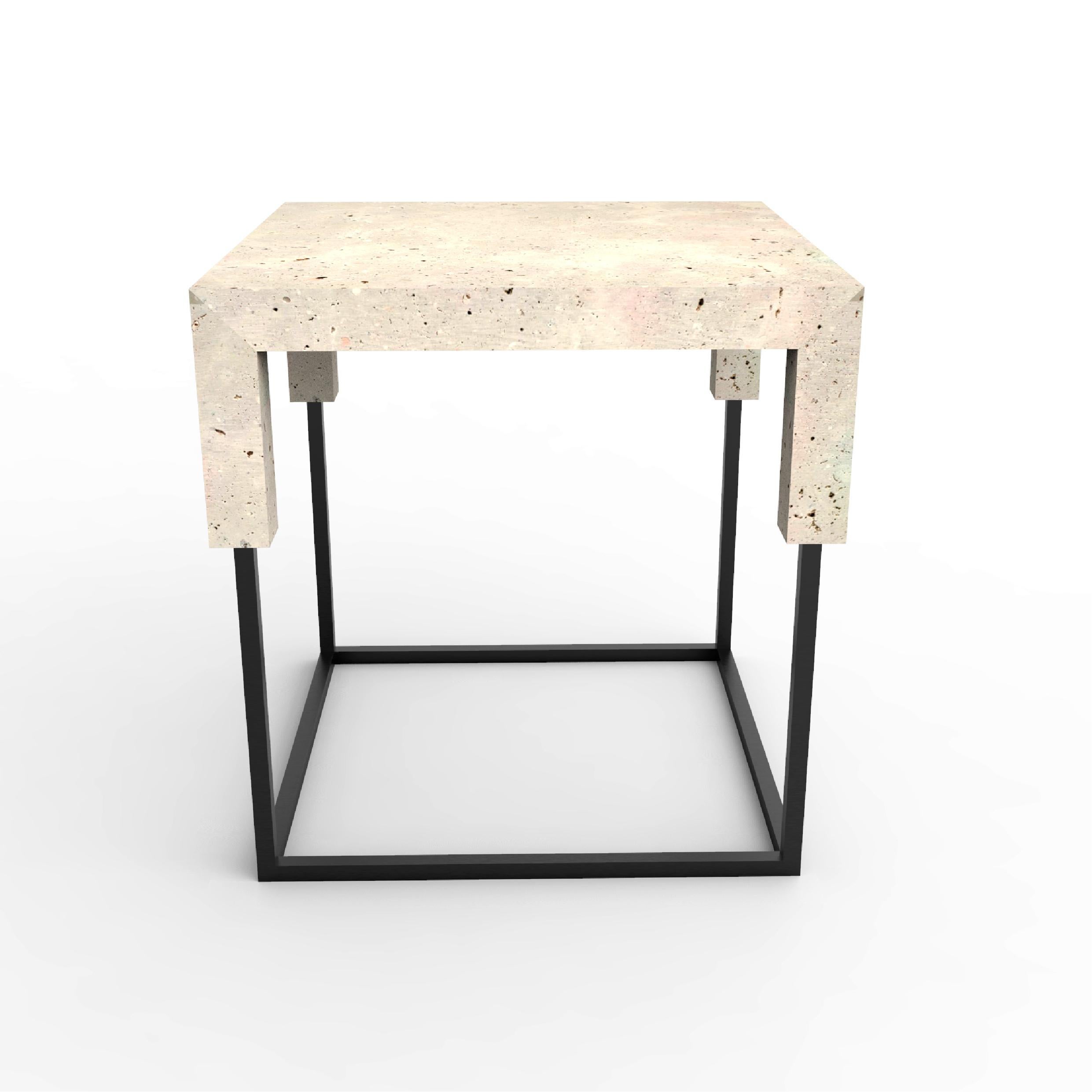 XXIe siècle et contemporain Tossa Marble Design Side Table Campaspero Limestone & Black Iron Bespoke Table en vente